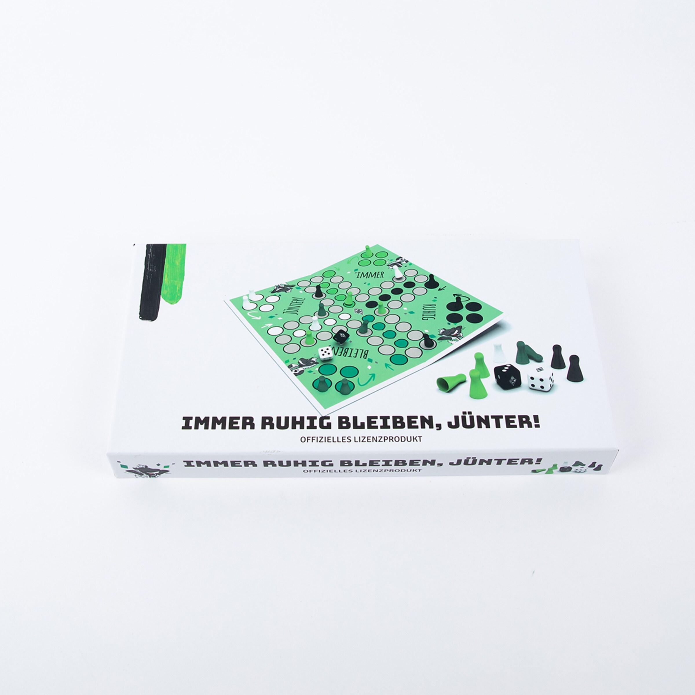 Spiel Immer ruhig bleiben Jünter! mit Spielbrett und Figuren in verschiedenen Formen.