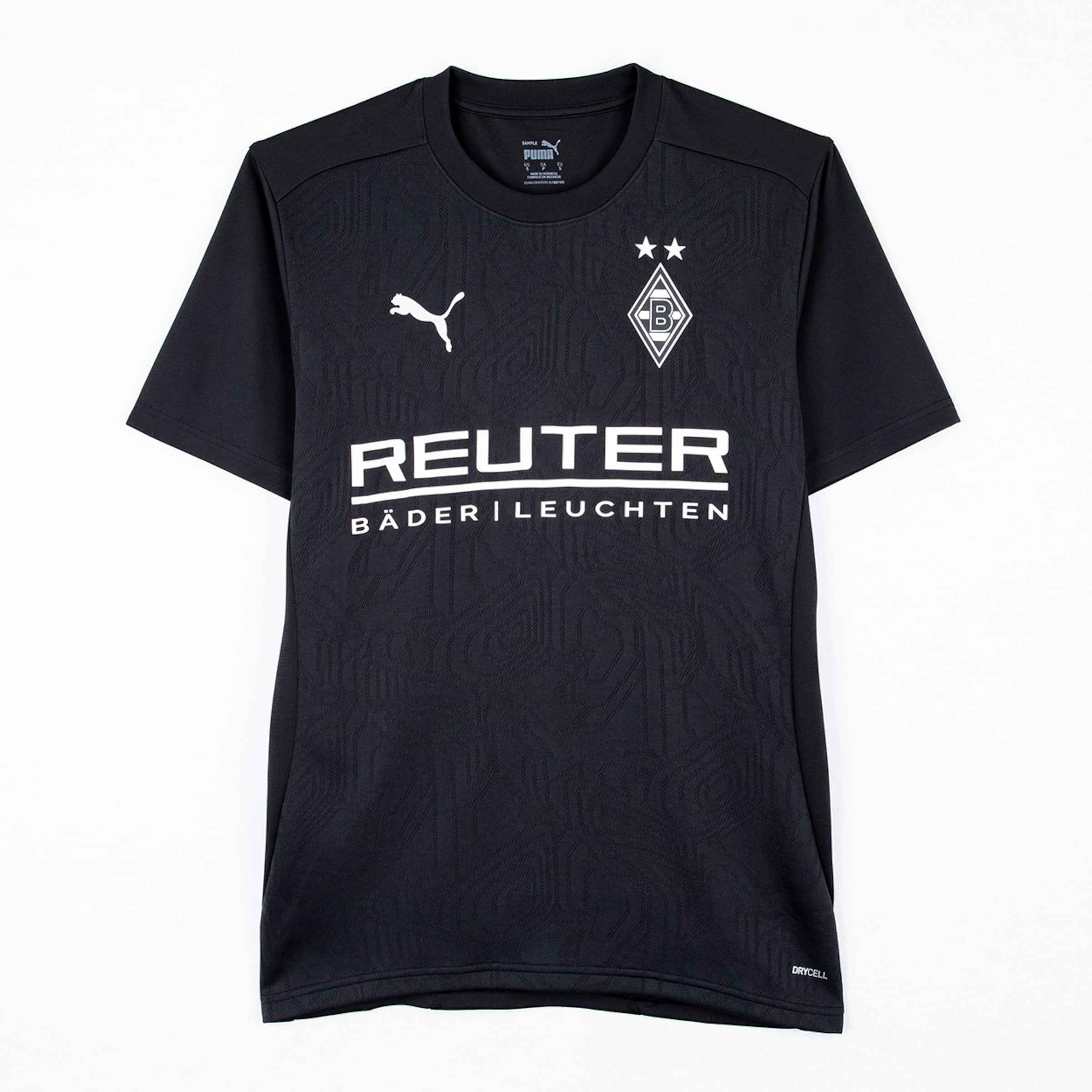 Schwarzes Borussia Mönchengladbach Trikot von Puma mit weißem Vereinswappen und REUTER BÄDER LEUCHTEN Sponsorlogo.
