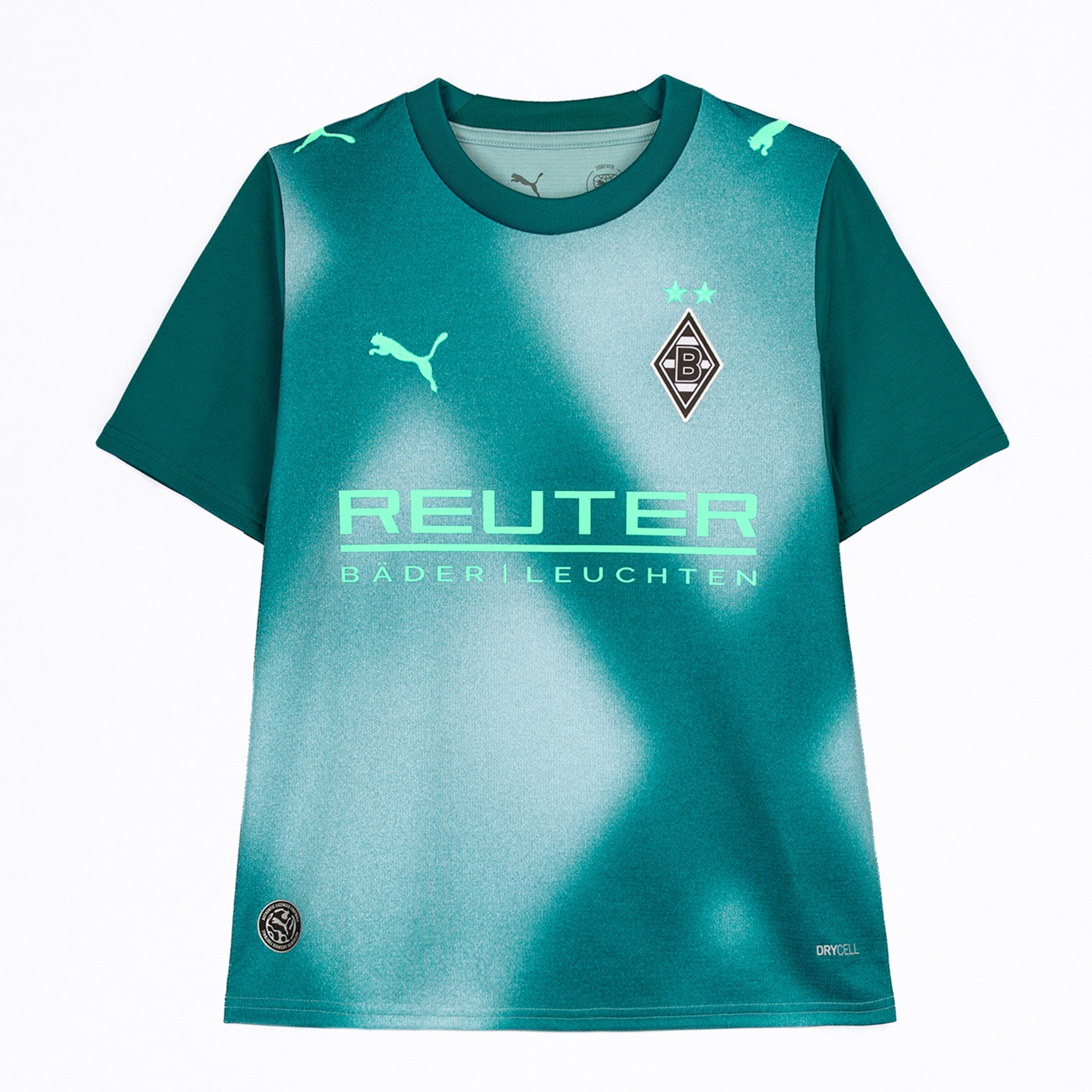 Borussia Mönchengladbach Auswärtstrikot von Puma. Türkis-farbener Farbverlauf mit REUTER-Sponsor, Vereinswappen, Puma-Logo und DRYCELL, flach auf weißem Hintergrund.
