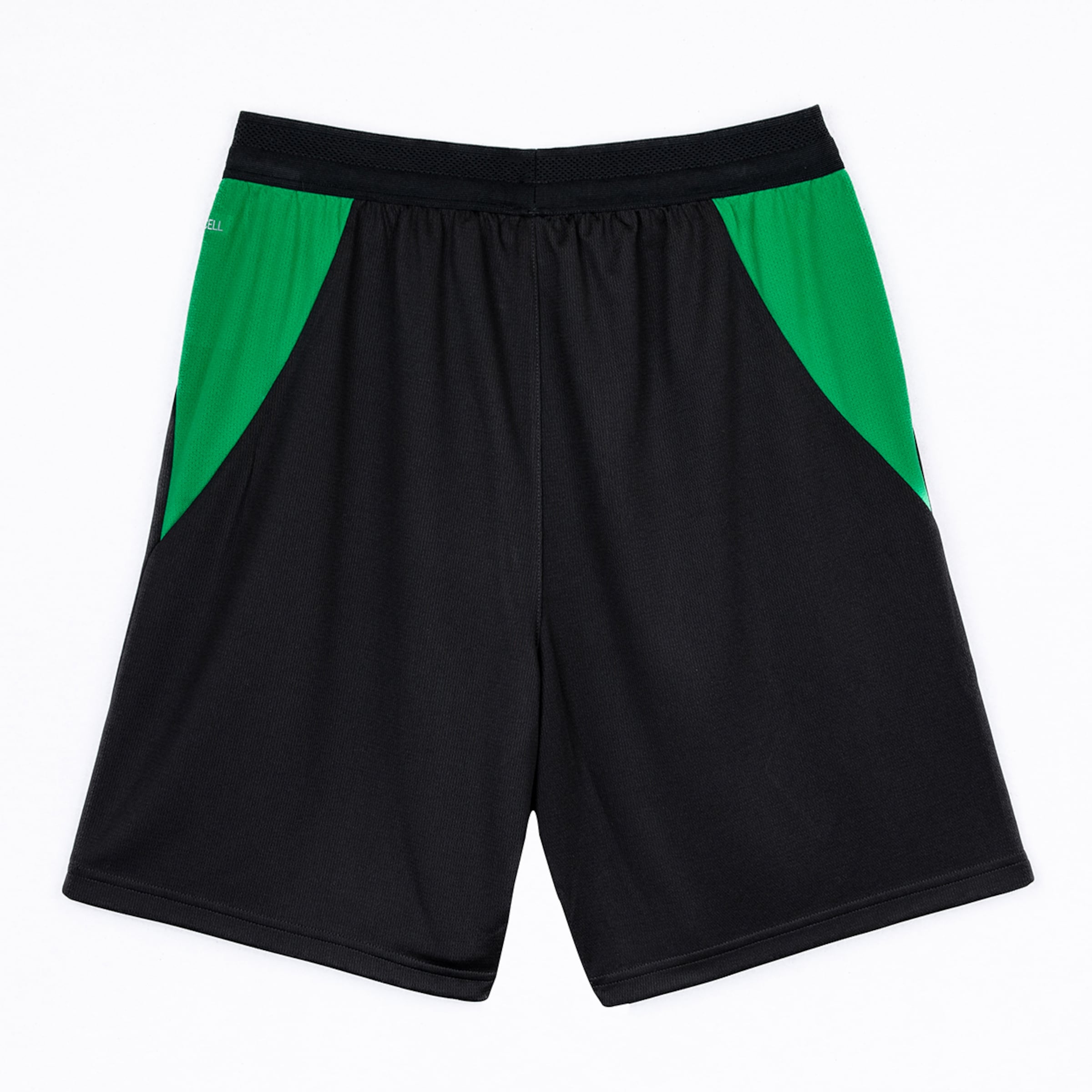 Black athletic shorts with green side panels at the hips and an elastic waistband.