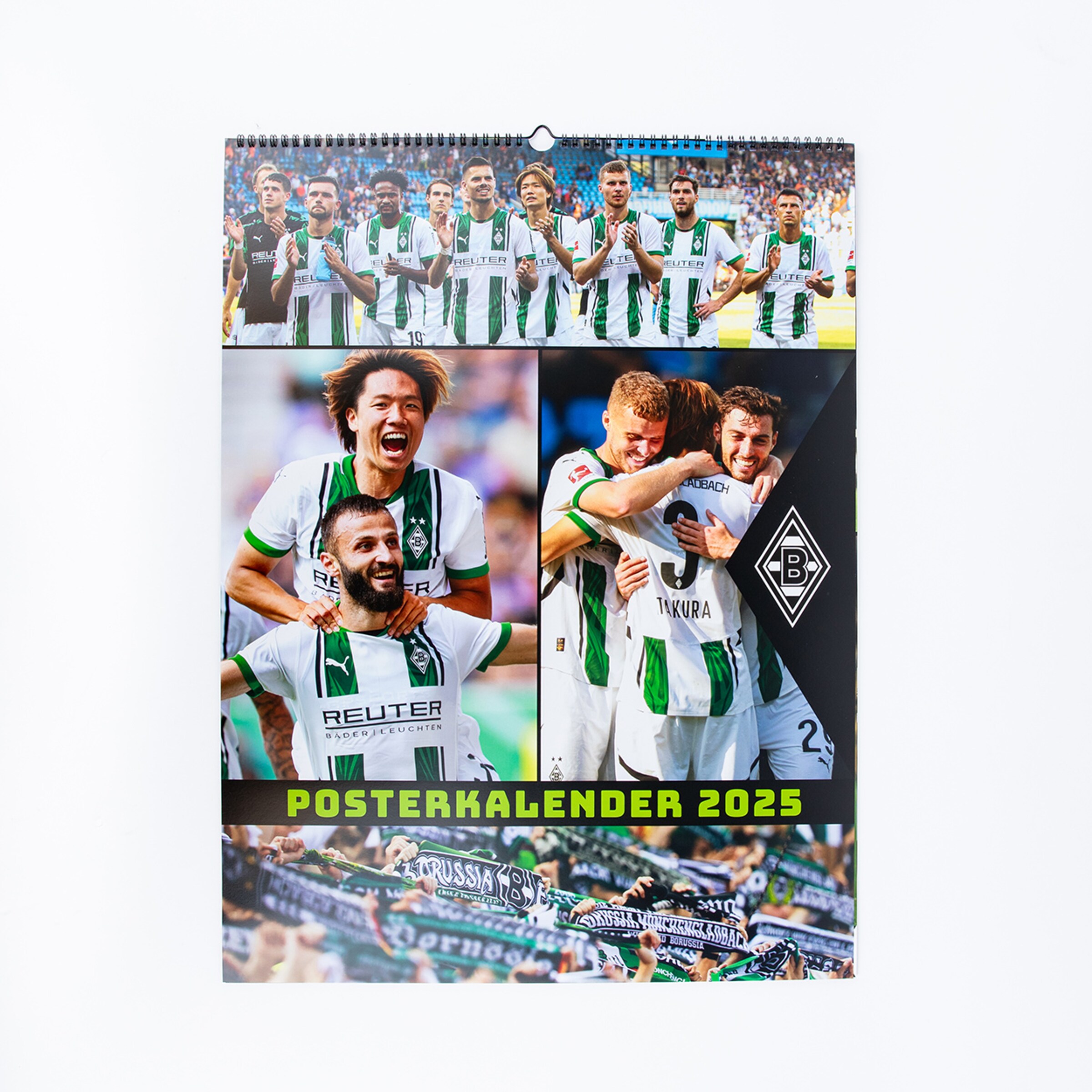 Kalender 2025 von Borussia Mönchengladbach mit Spielern in verschiedenen Spielszenen.