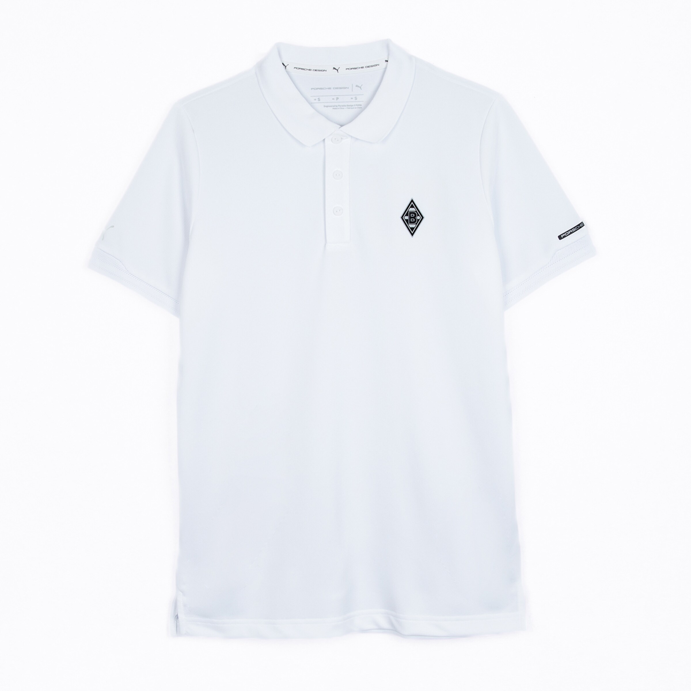 White polo shirt with short sleeves featuring PUMA logo and Borussia Mönchengladbach emblem.
