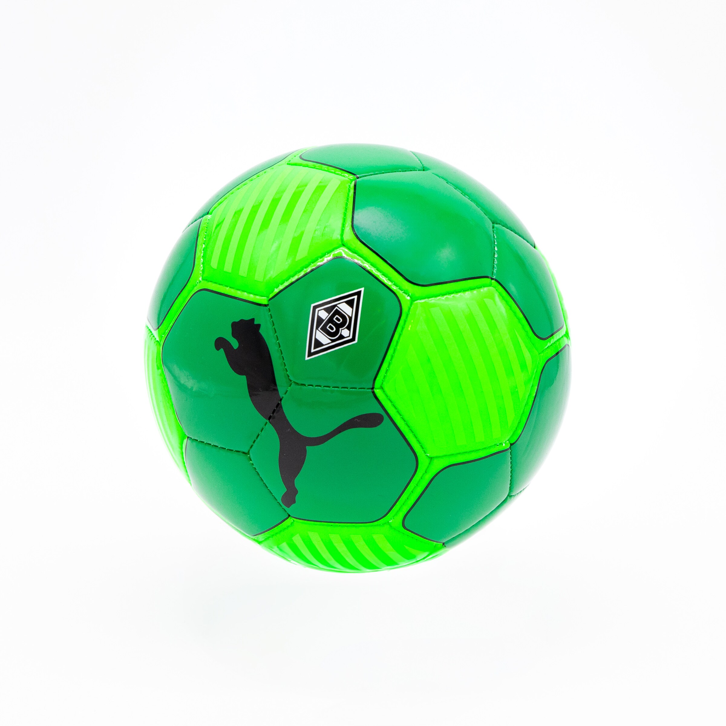 Green soccer ball by Puma featuring Borussia Mönchengladbach logo.