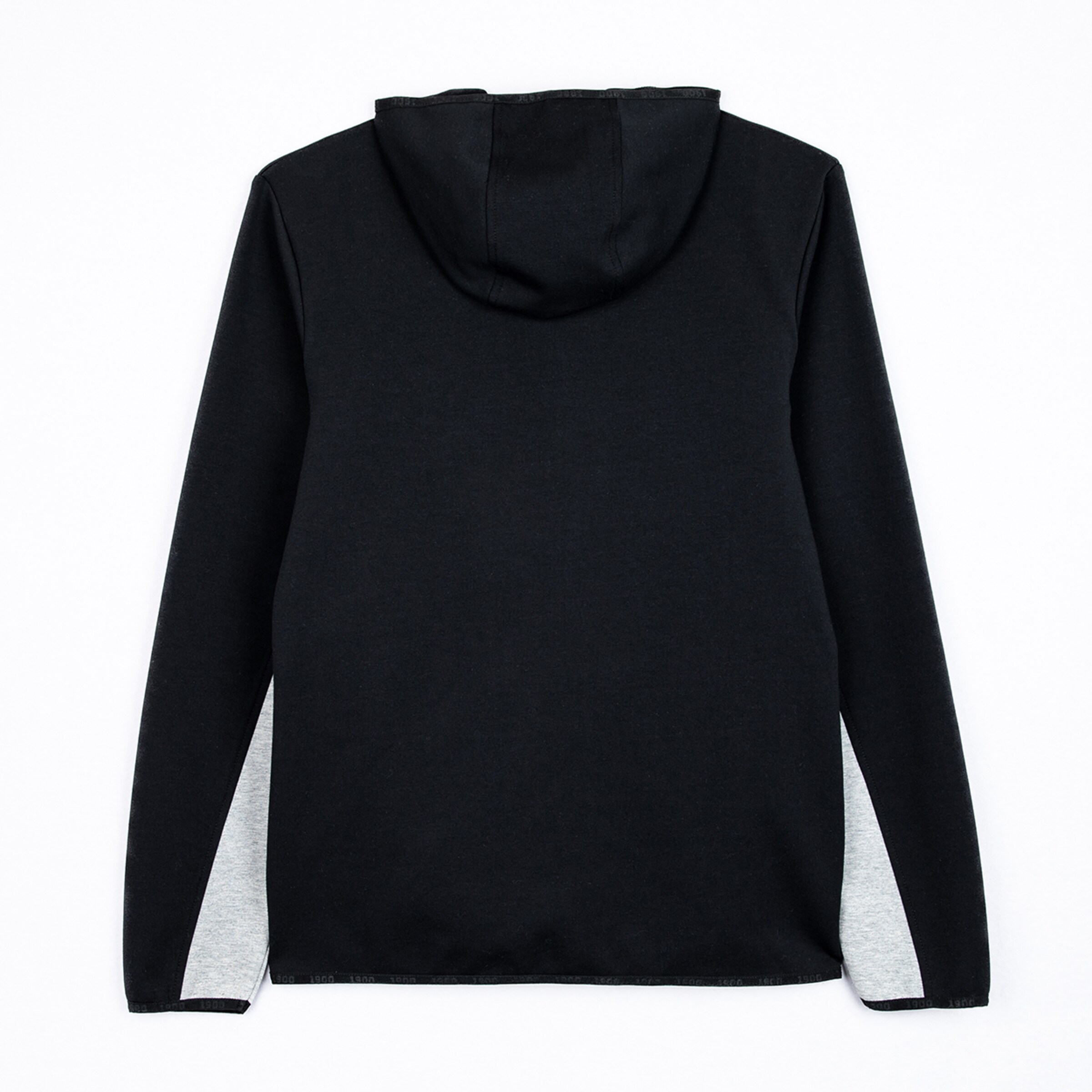 Schwarze Kapuzenjacke mit grauen Ärmeln Rückansicht.