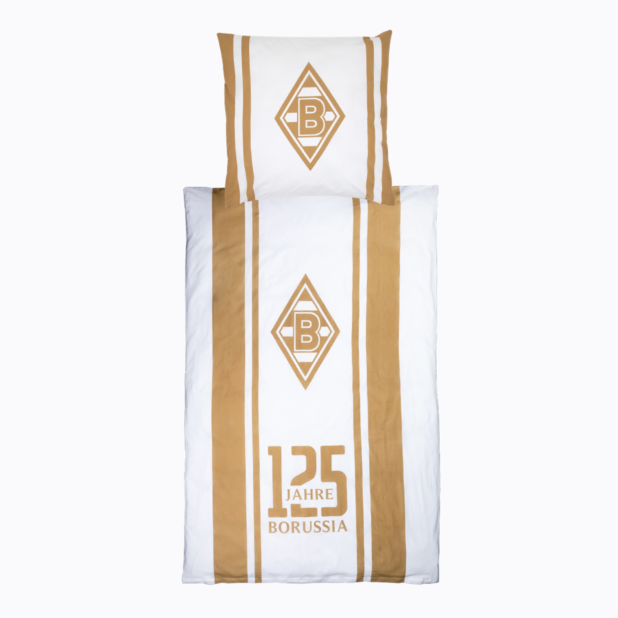 Weiße Bettwäsche mit goldenen Streifen, Logo von Borussia Mönchengladbach und dem Jubiläumsschriftzug „125 JAHRE BORUSSIA“.