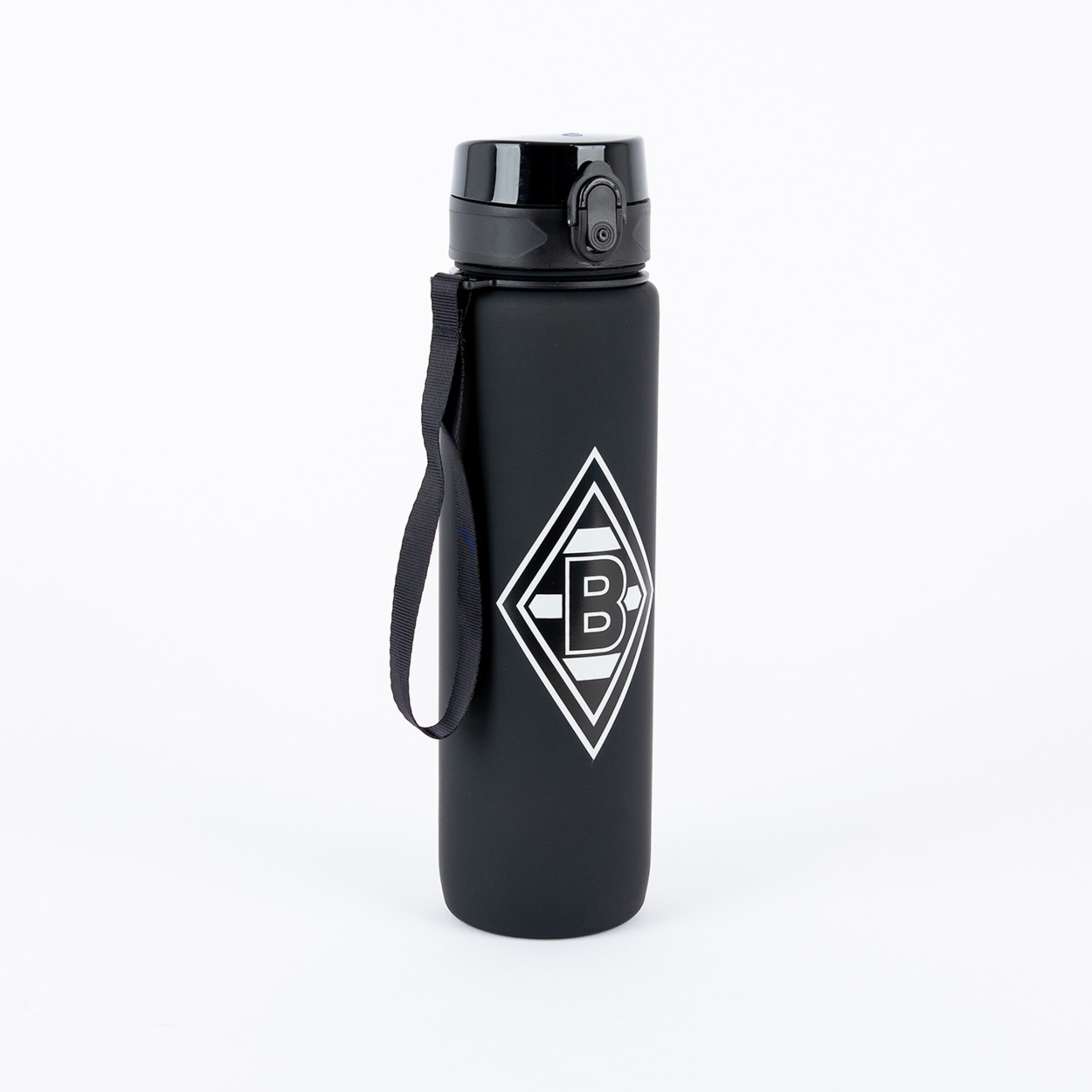 Schwarze Wasserflasche mit Logo von Borussia Mönchengladbach.