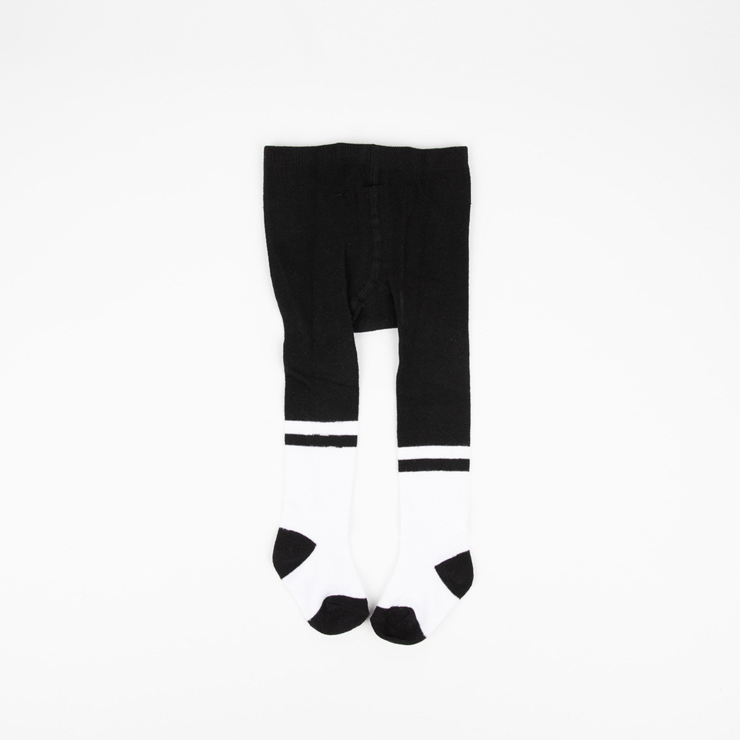 Black socks with white accents and two white stripes at the top.