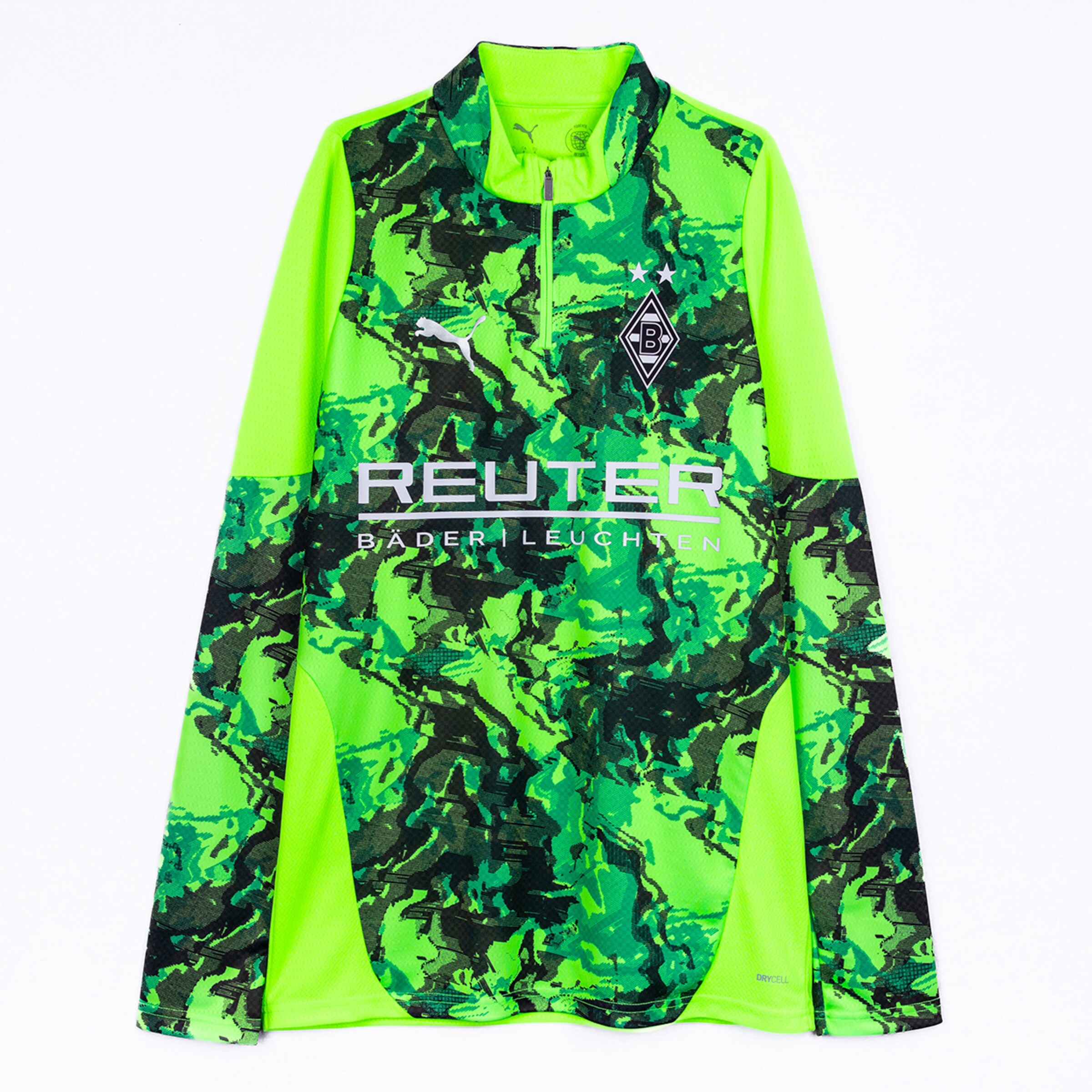 Leuchtend grüne Trainingsjacke mit camouflage-muster Vereinslogo und Sponsortext.