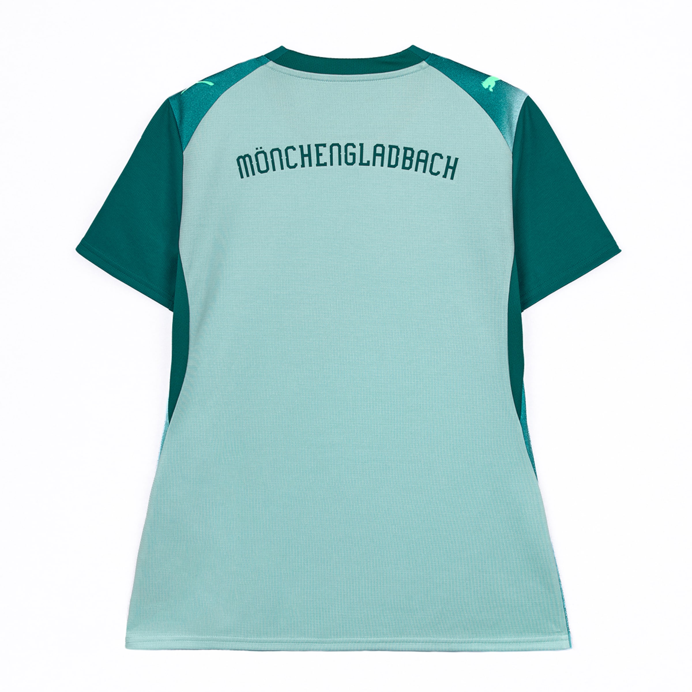 Rückenansicht eines zweifarbigen, grünen Sporttrikots. Es hat einen helltürkisen Körper, dunkelgrüne Ärmel und Kragen sowie den Aufdruck „MÖNCHENGLADBACH“ auf dem oberen Rücken.