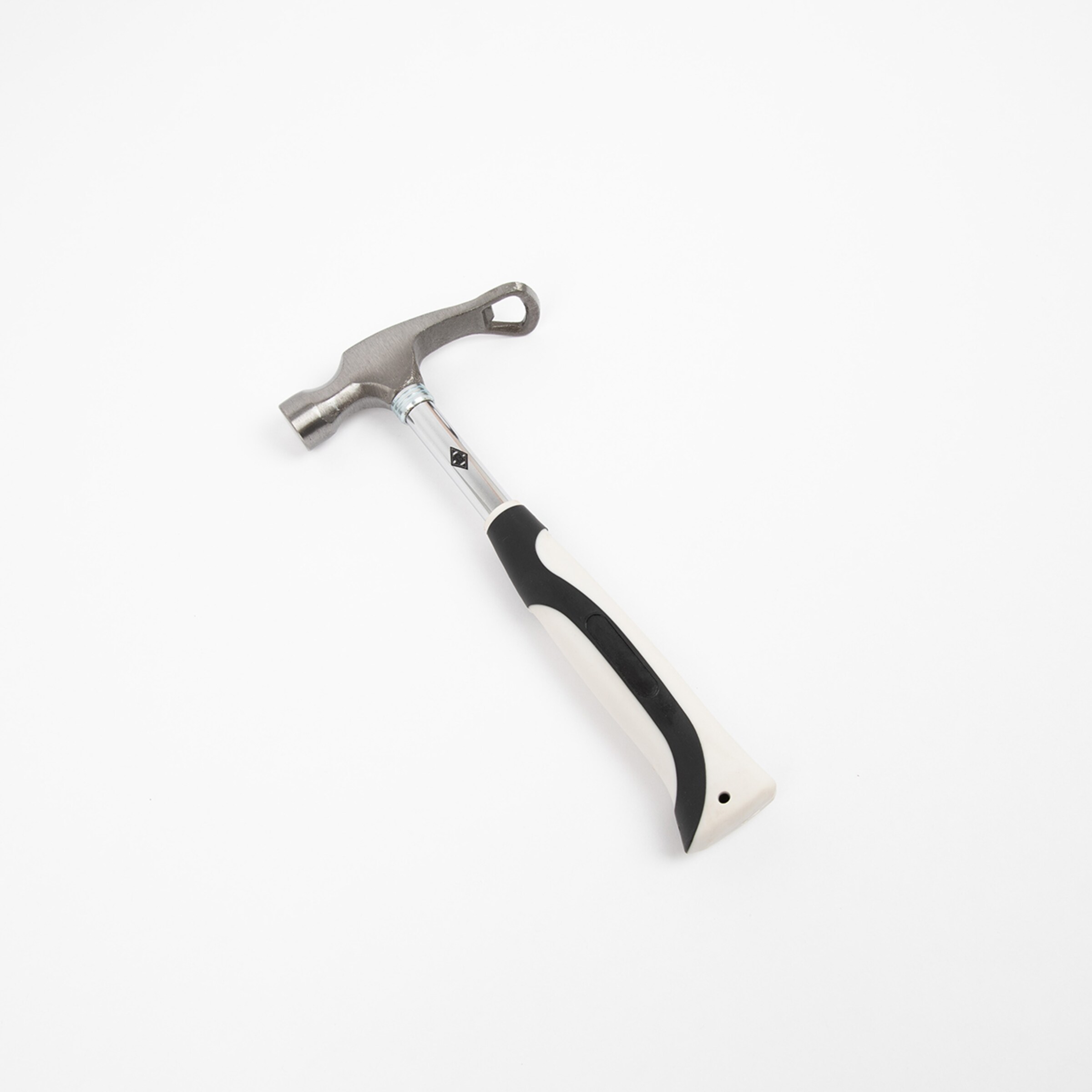 A hammer with a metallic head and a black handle.