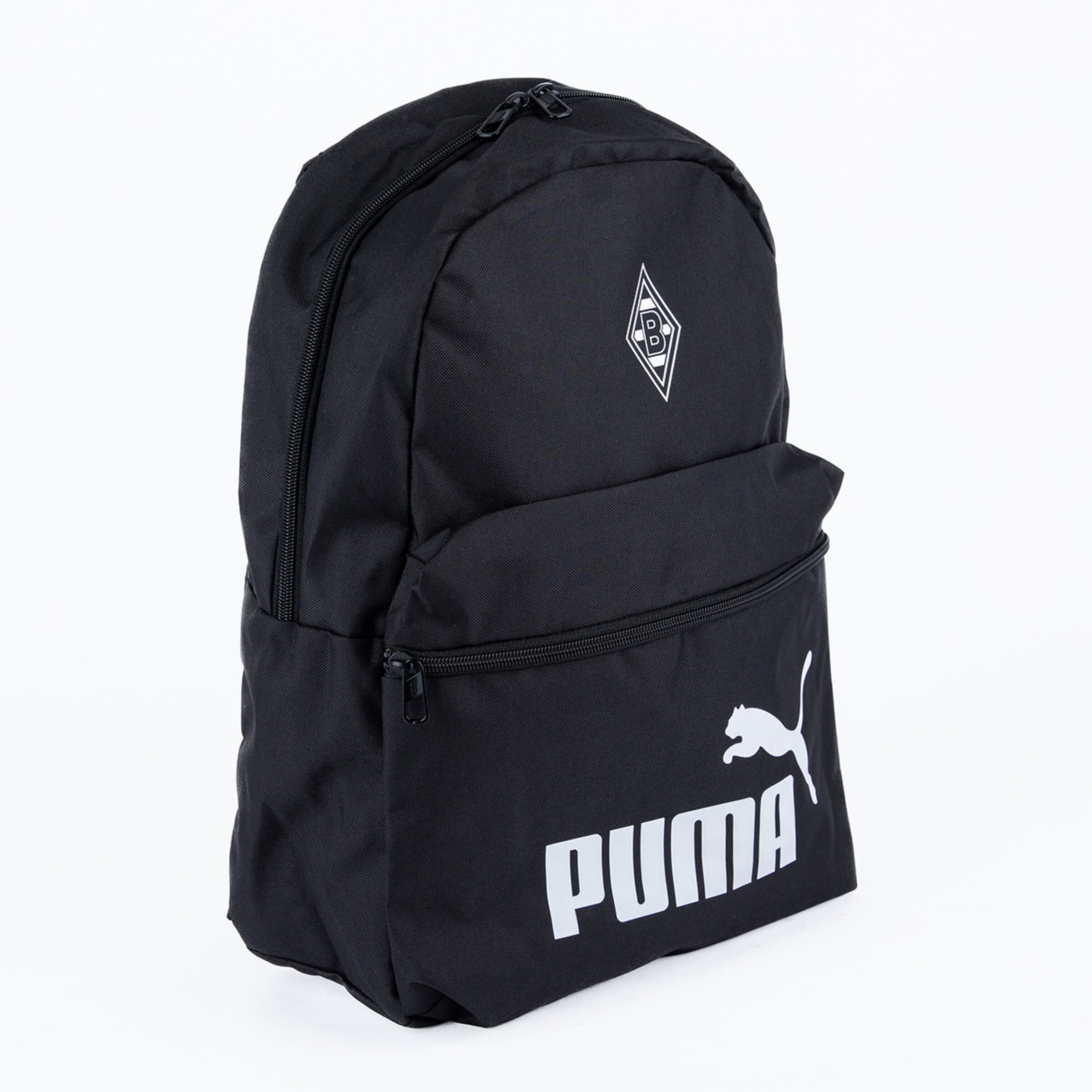 Schwarzer Rucksack mit Borussia Mönchengladbach-Logo und Puma-Logo.