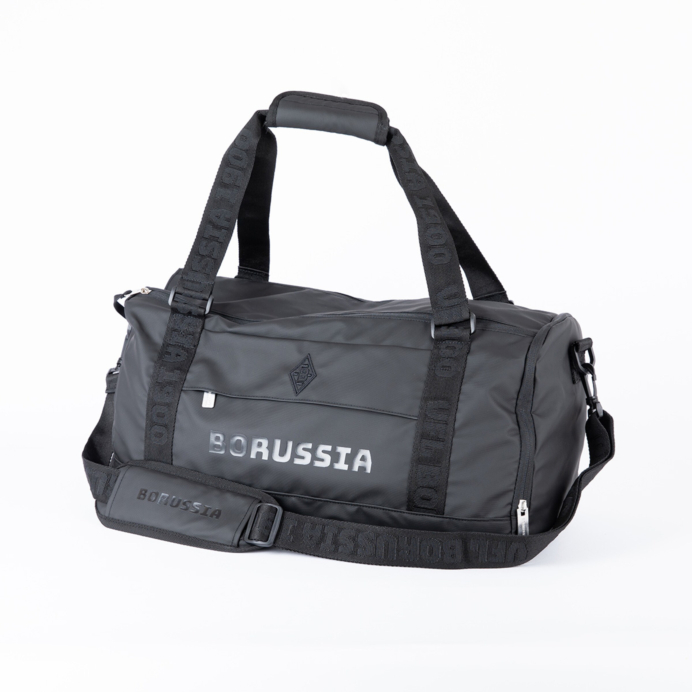 Schwarze Sporttasche mit Tragegriffen und abnehmbarem Schultergurt beschriftet mit BORUSSIA.