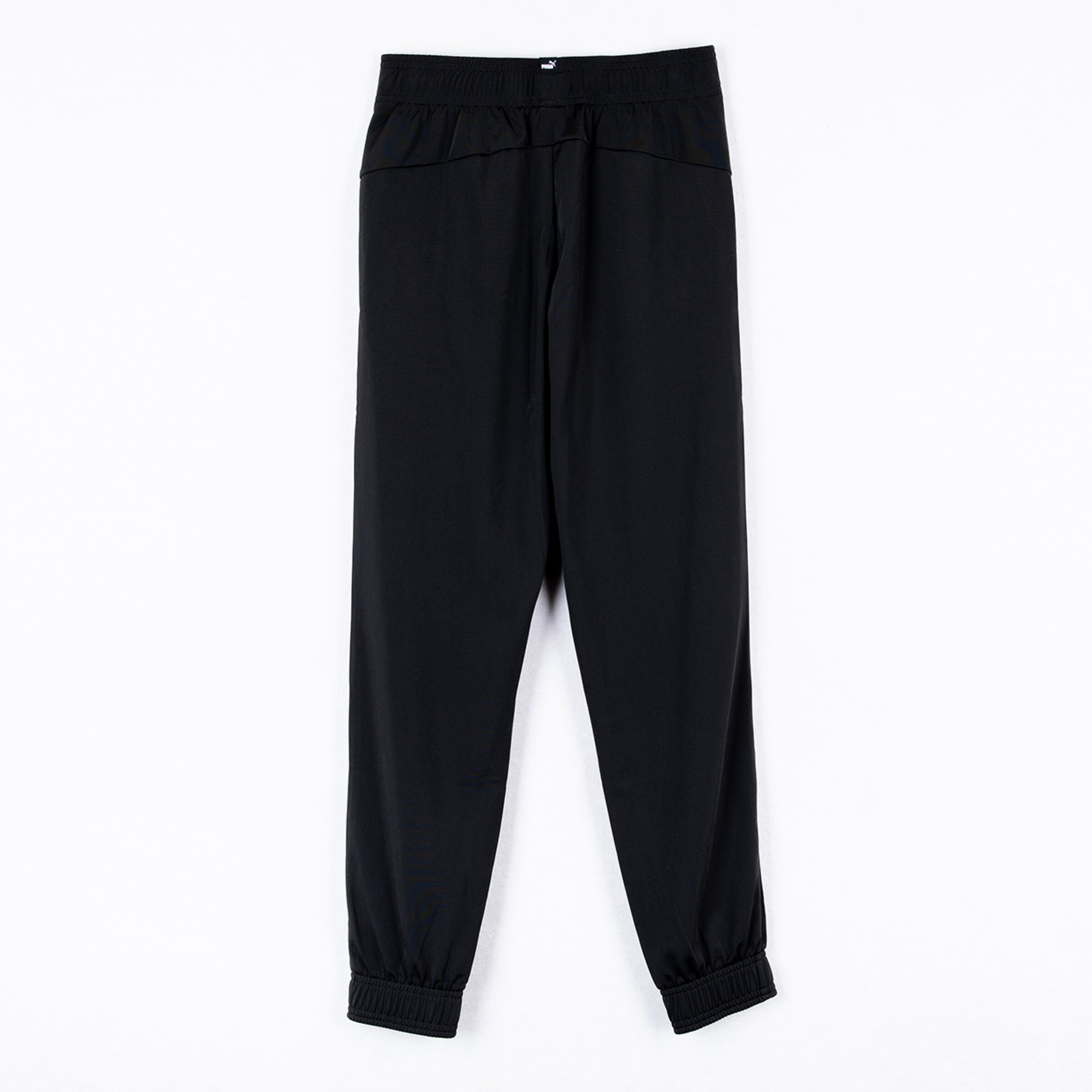Black training pants with elastic waistband and cuffs.