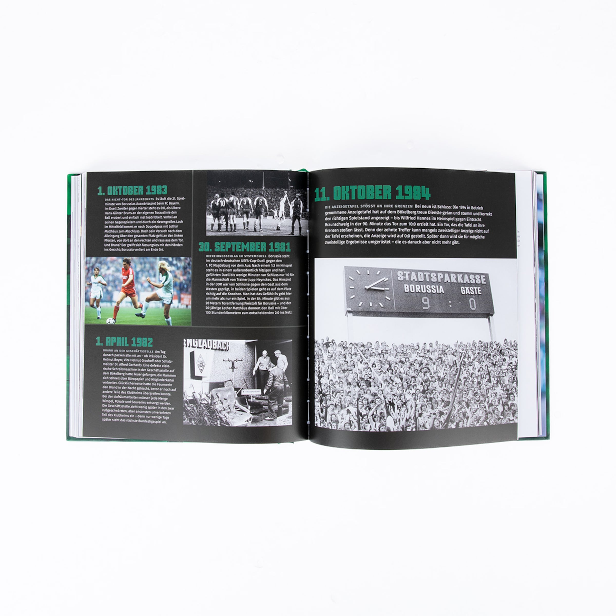 Buchseite mit historischen Highlights von Borussia Mönchengladbach einschließlich Daten und Bildern aus den Jahren 1981 und 1984.