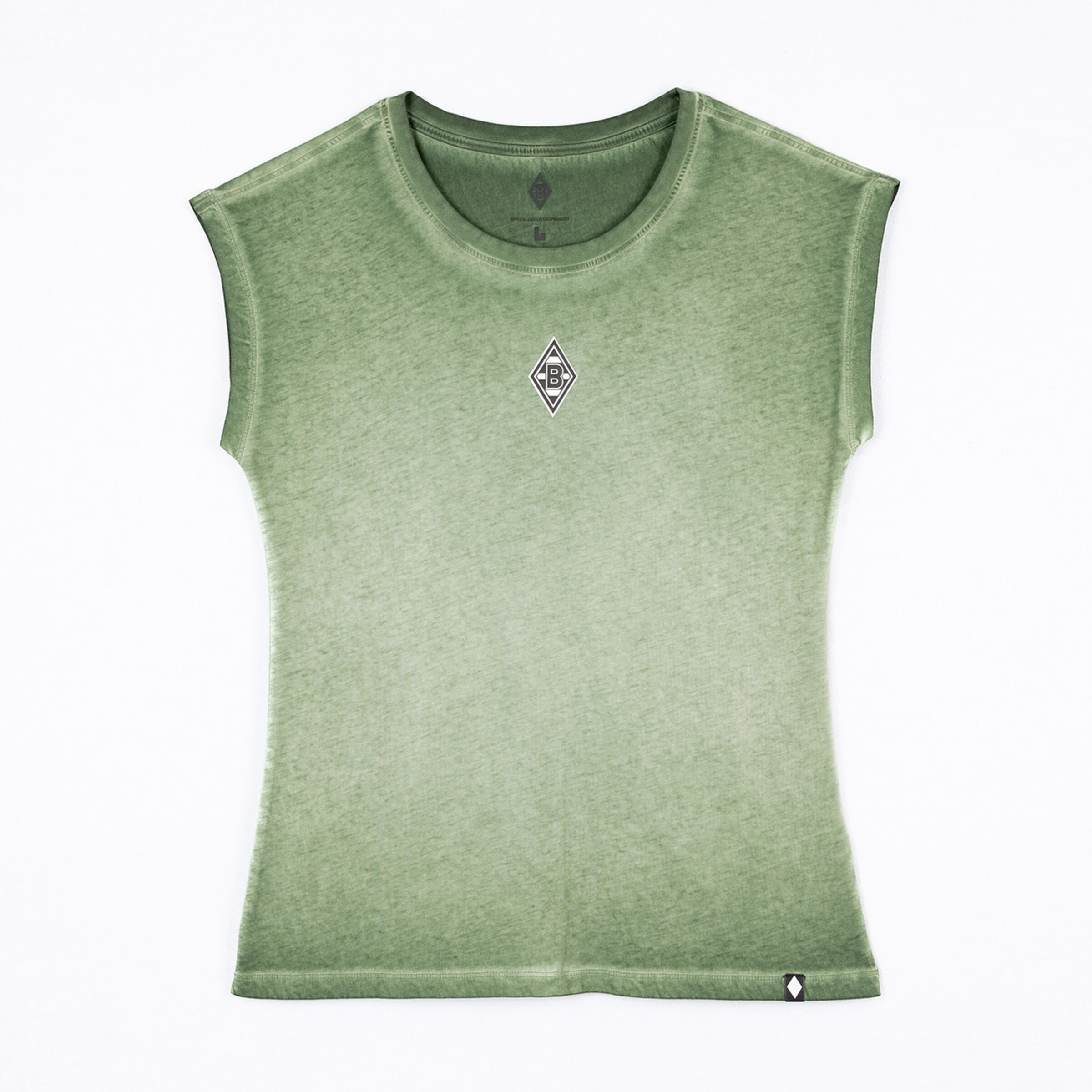 Grünes T-Shirt mit kurzen Ärmeln und Borussia Mönchengladbach-Logo.