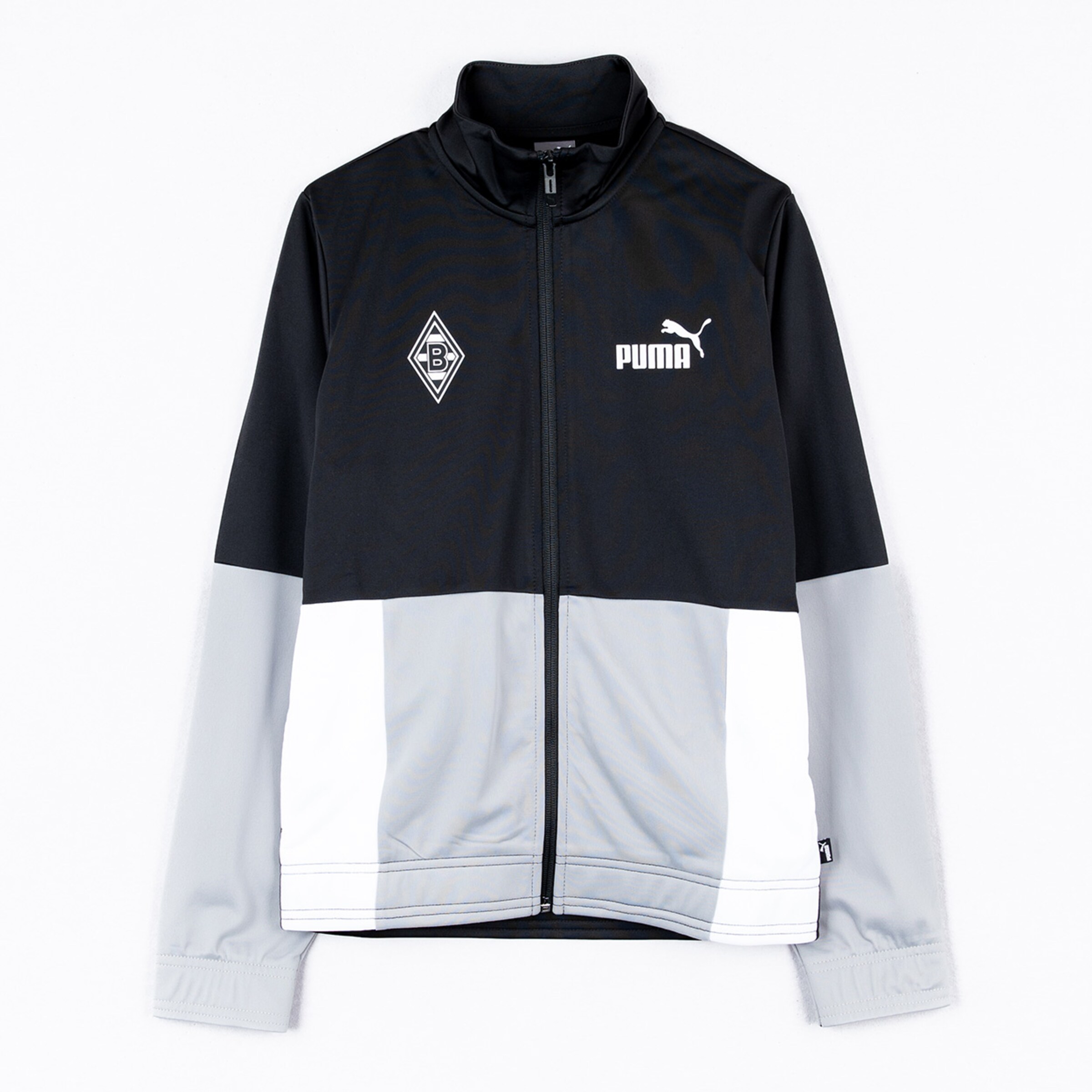 Puma Borussia Mönchengladbach track jacket in black, grey, and white with the club crest and Puma logo on the chest.