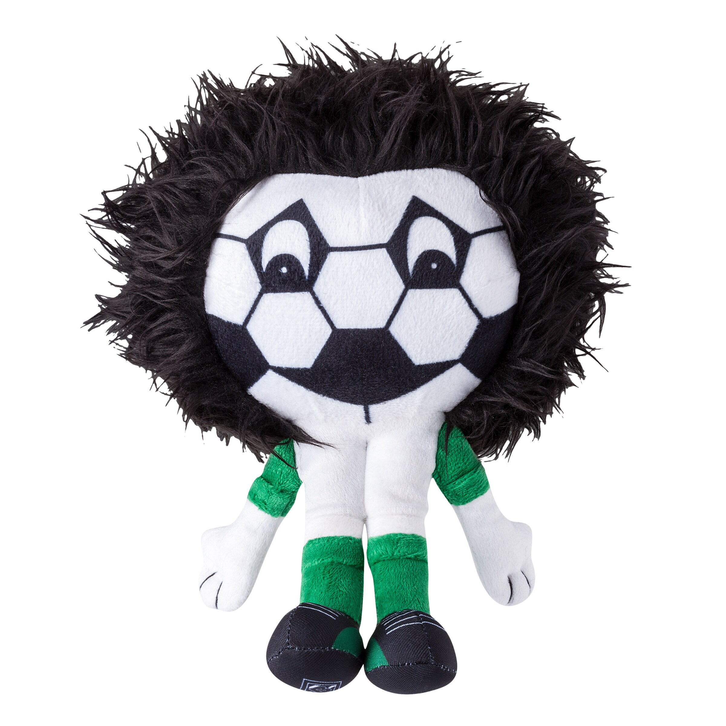 Plüschfigur von Jünter dem Maskottchen von Borussia Mönchengladbach mit Fußball-Motiv und grünen Kleidungsstücken.