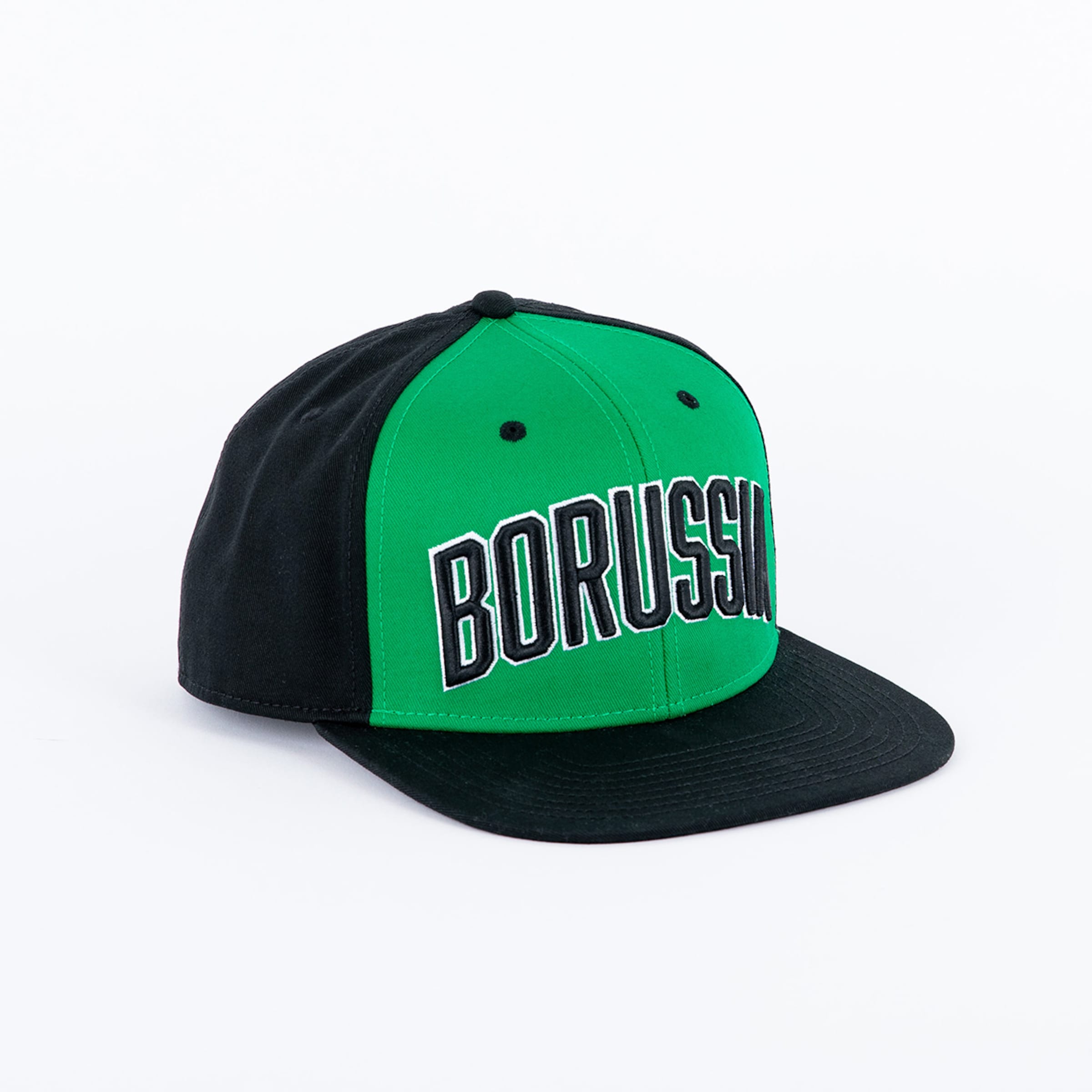 Schwarze und grüne Snapback-Kappe mit dem Schriftzug BORUSSIA auf der Vorderseite.