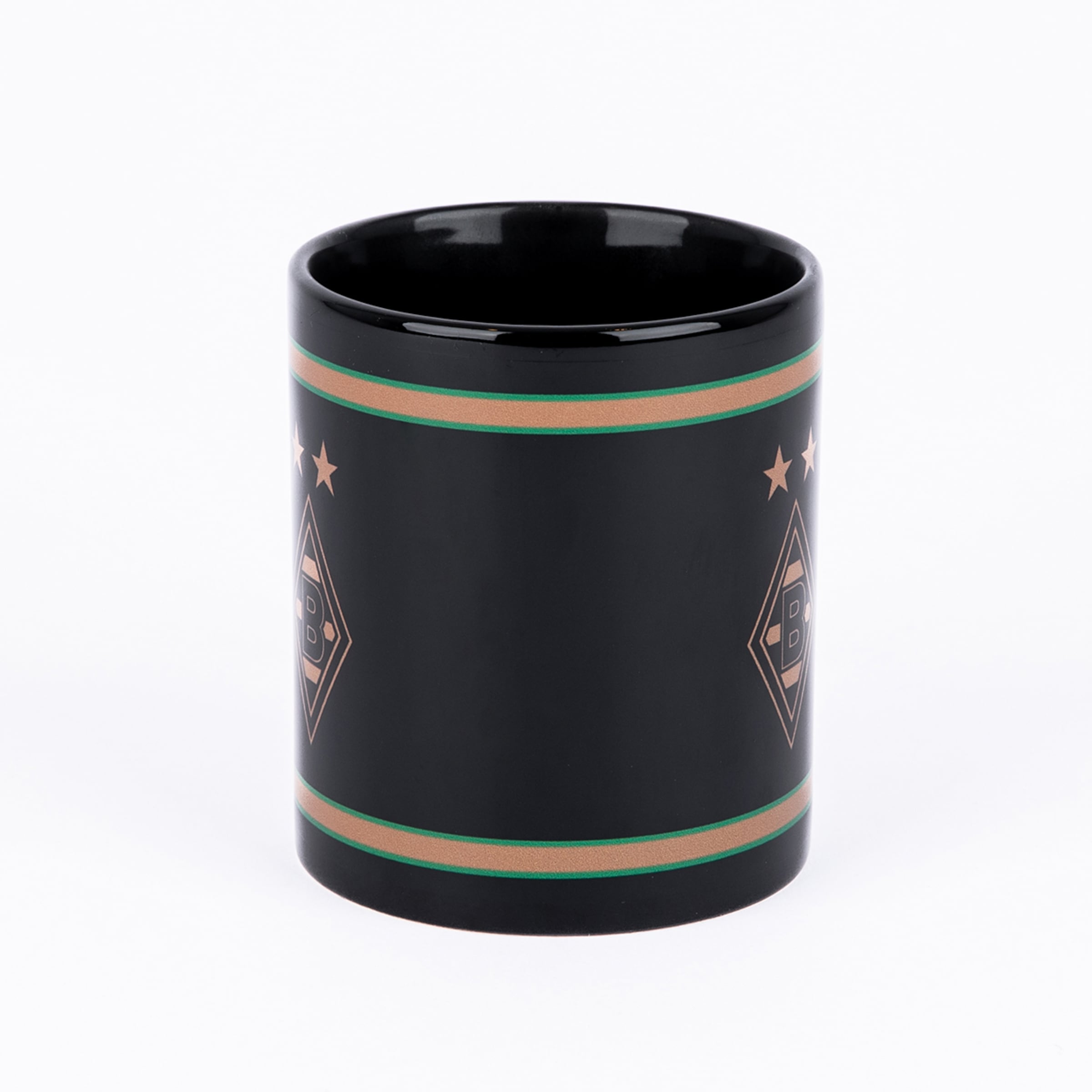 Schwarze Tasse mit Borussia Mönchengladbach Logos (Raute mit B und 2 Sternen) sowie grünen und goldenen Streifen auf weißem Hintergrund.