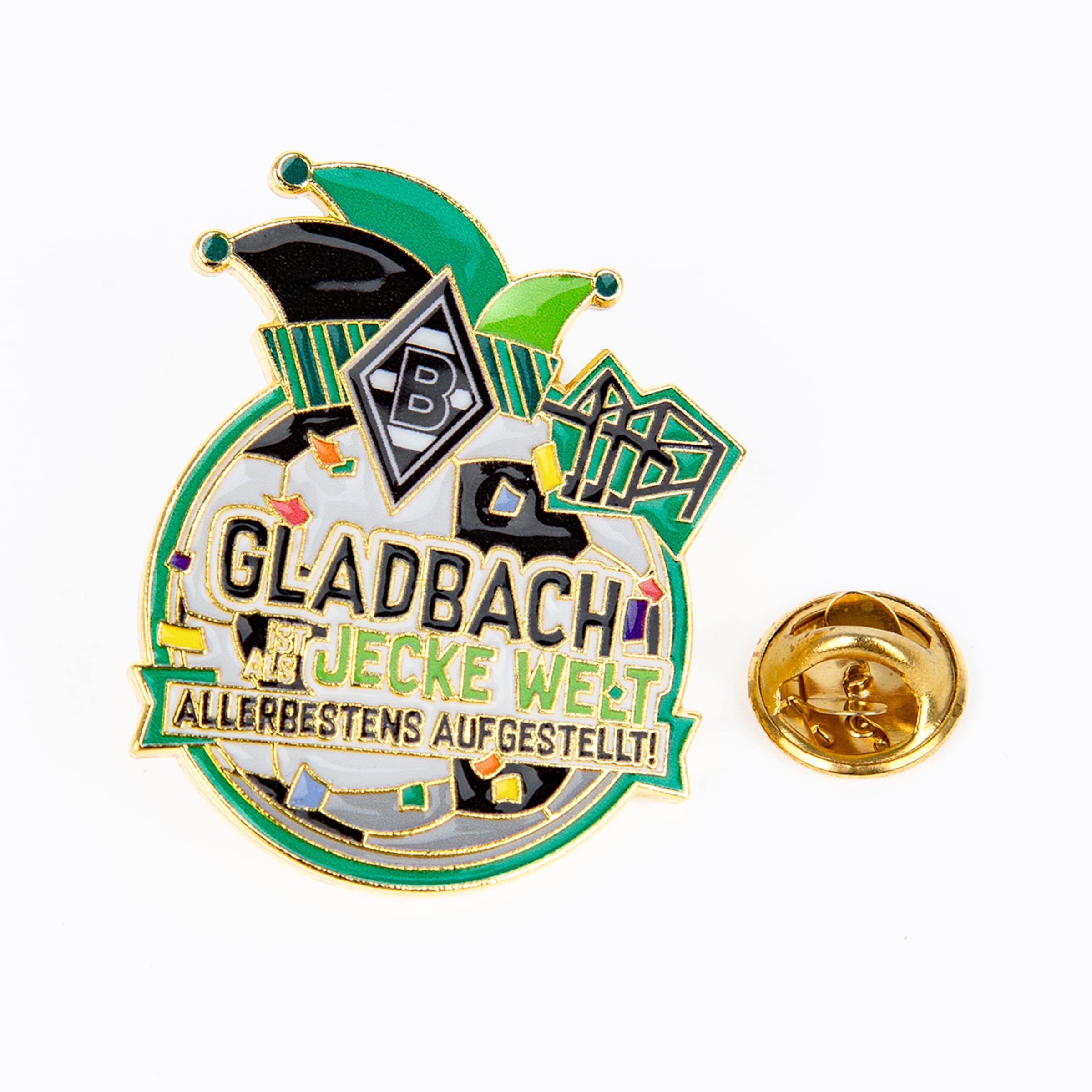 Karnevals-Pin von Borussia Mönchengladbach mit Narrenkappe und Slogan: „Gladbach ist als jecke Welt allerbestens aufgestellt!“, inkl. Verschluss.