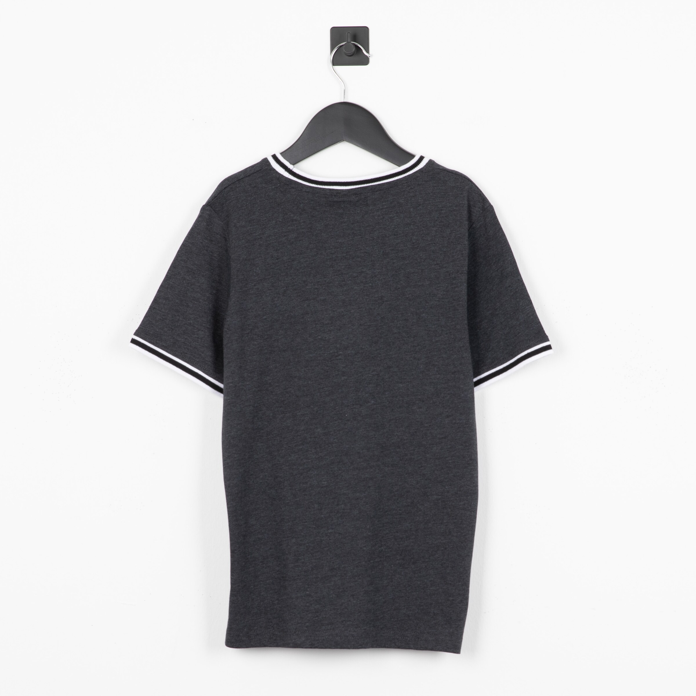 Back view of a dark gray T-shirt with white accents on the sleeves.