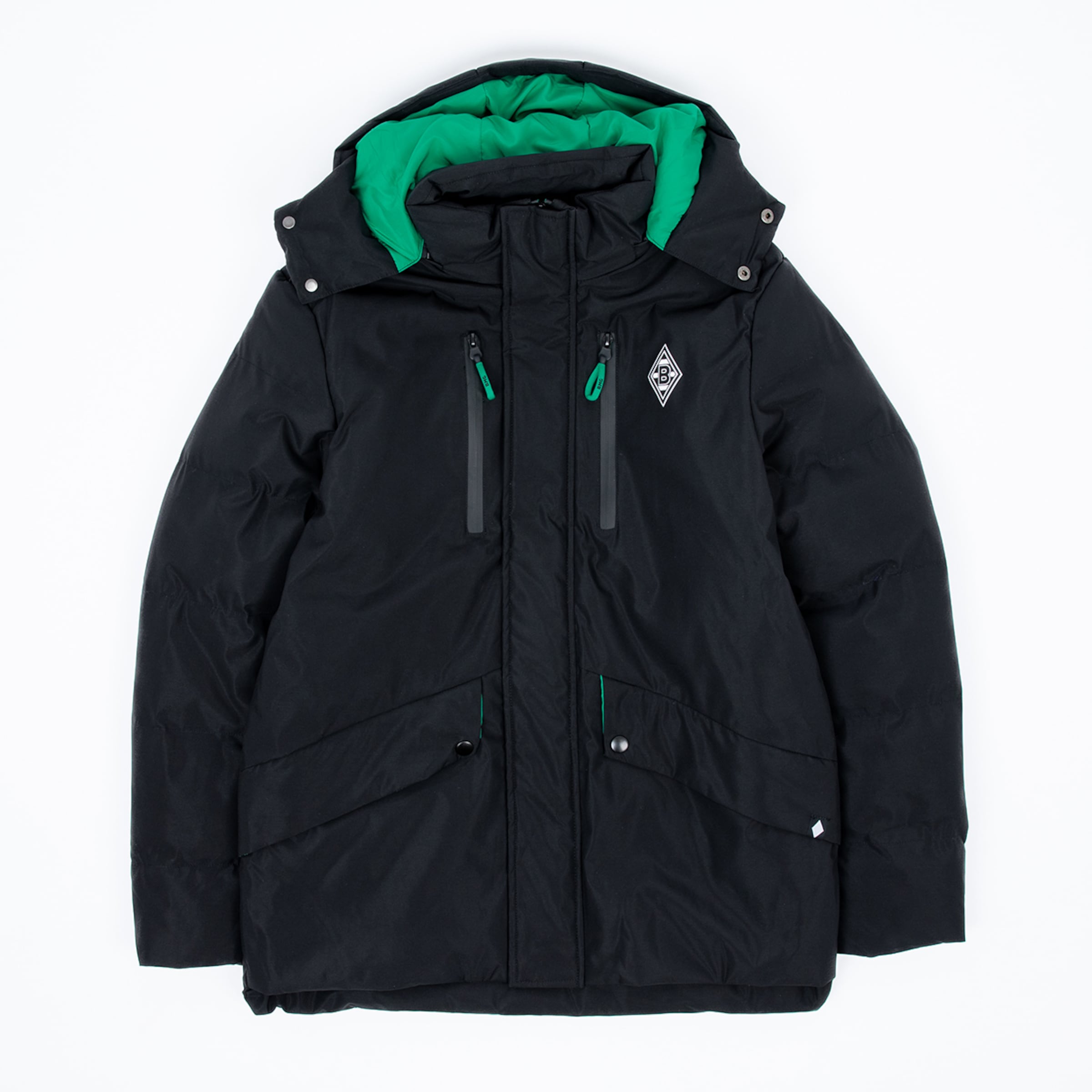 Schwarze Winterjacke mit grüner Innenseite zwei vorderen Reißverschlüssen und Logo.