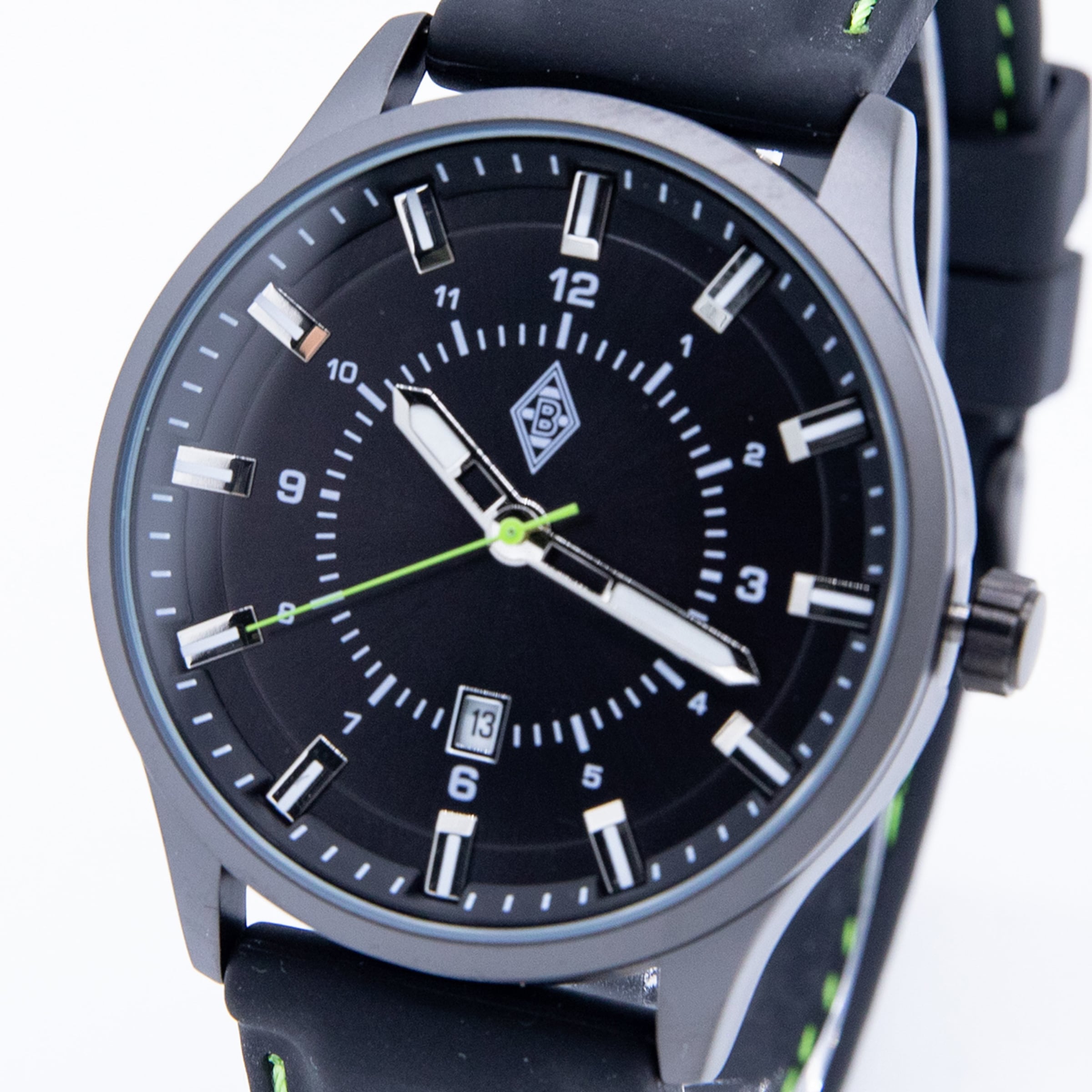Schwarze Borussia Mönchengladbach Uhr mit grünem Sekundenzeiger, Datumsanzeige und schwarzem Silikonarmband mit grüner Naht.