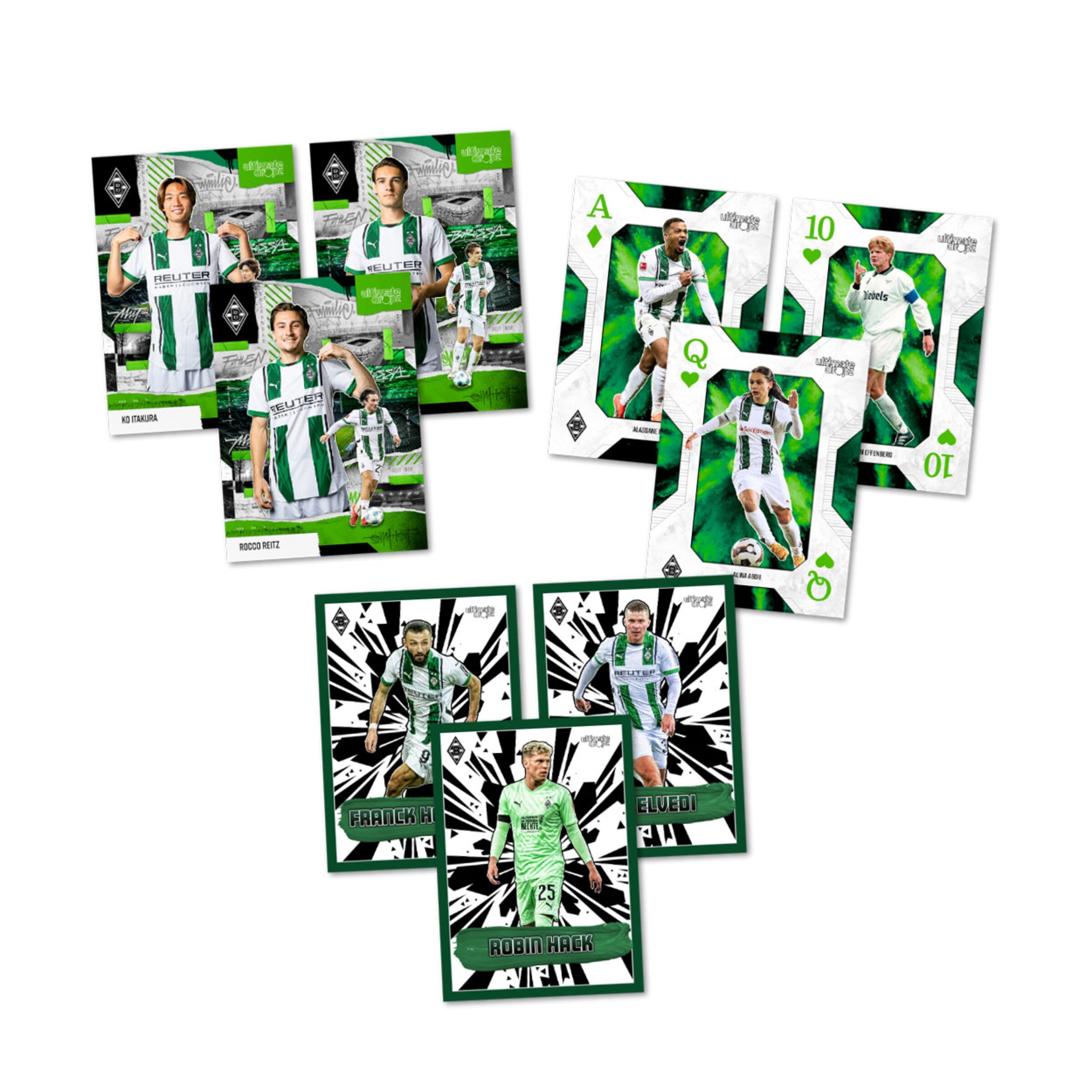 Sammelkarten mit Spielern von Borussia Mönchengladbach und Spielkarten in einem grafischen Design.