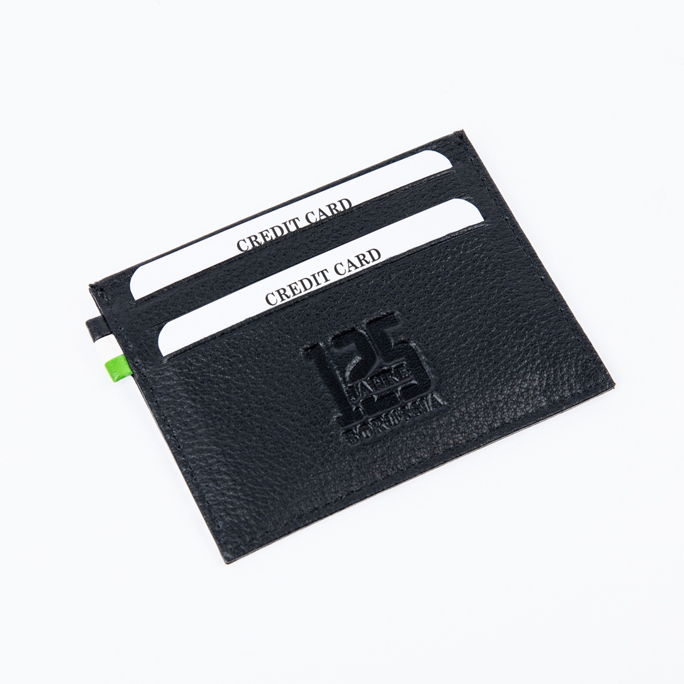 Schwarze Leder Kreditkartenhülle mit Platz für zwei Karten und geprägt mit 125 Jahre Borussia Mönchengladbach.