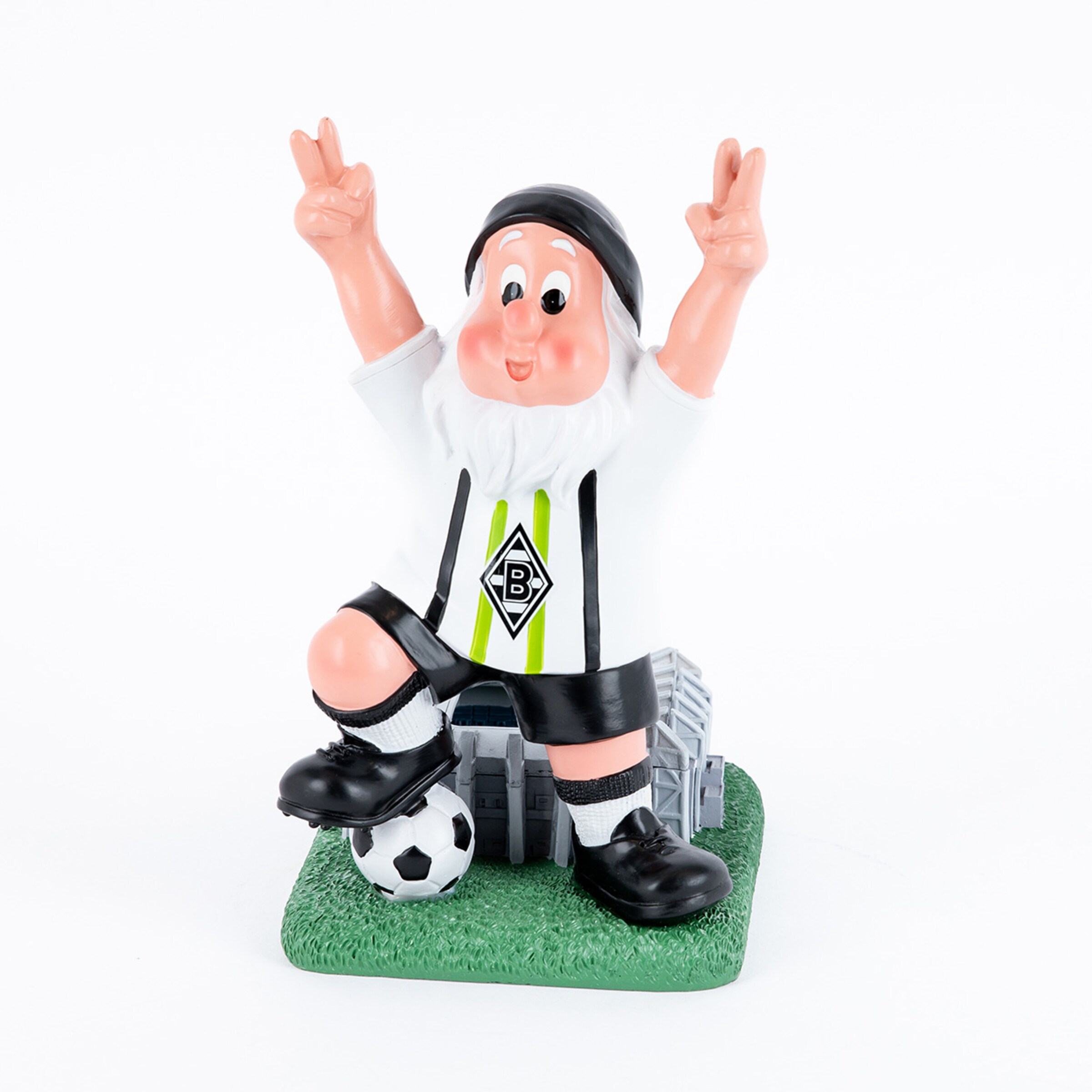 Bild eines Borussia Mönchengladbach-Fanartikel einer Figur mit Fußballtrikot und einer Fußball.