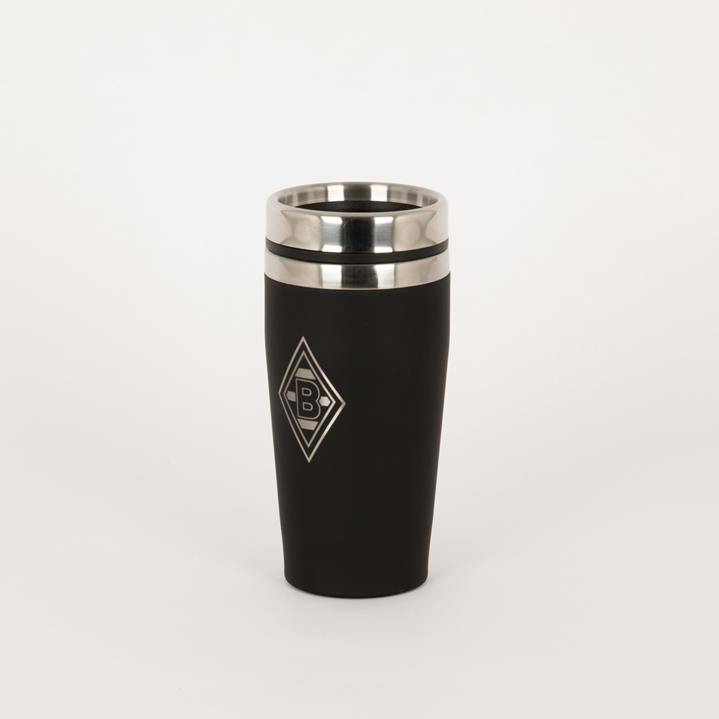 Black travel mug with silver rim and Borussia Mönchengladbach logo.
