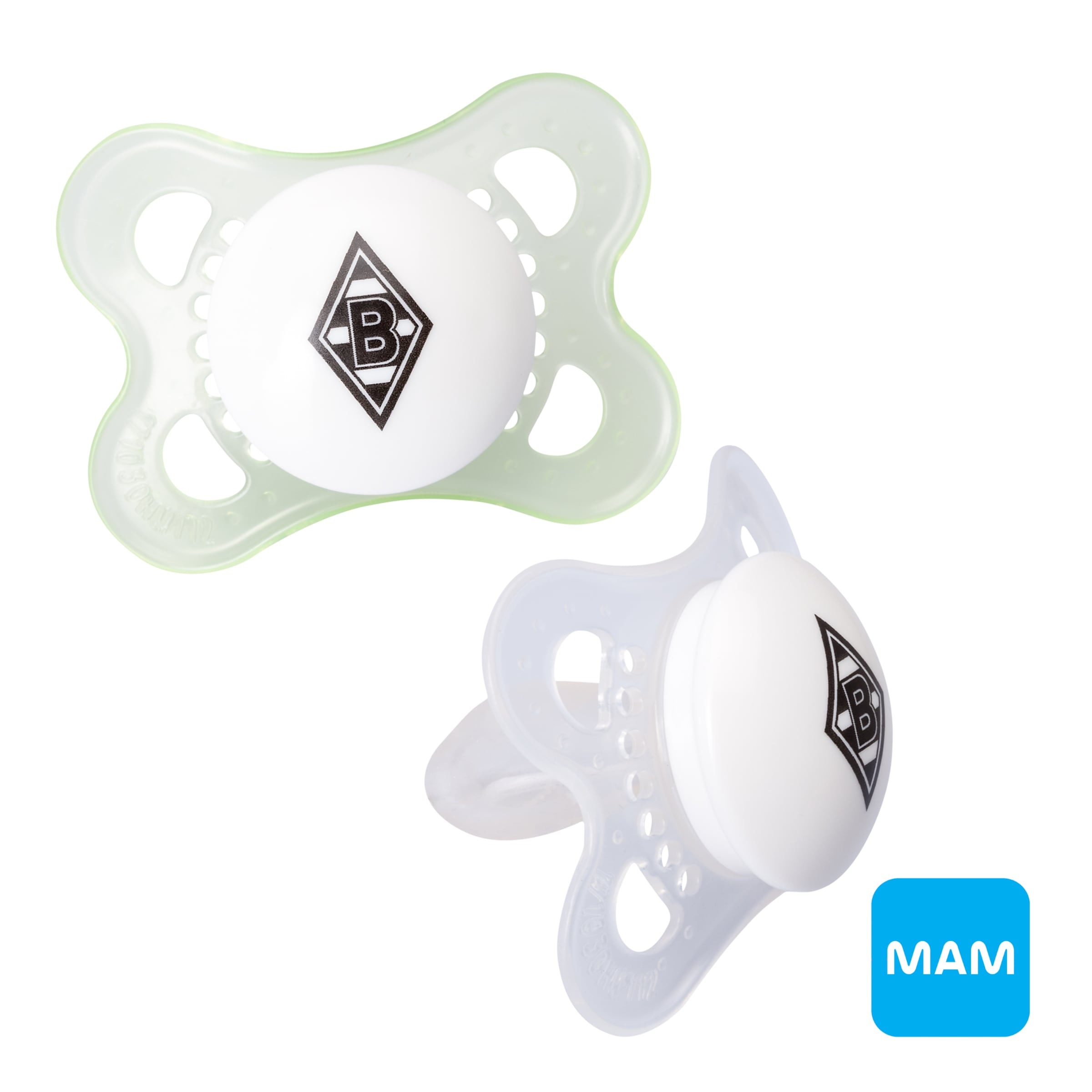 Zwei Schnuller von MAM mit Borussia Mönchengladbach-Logo.
