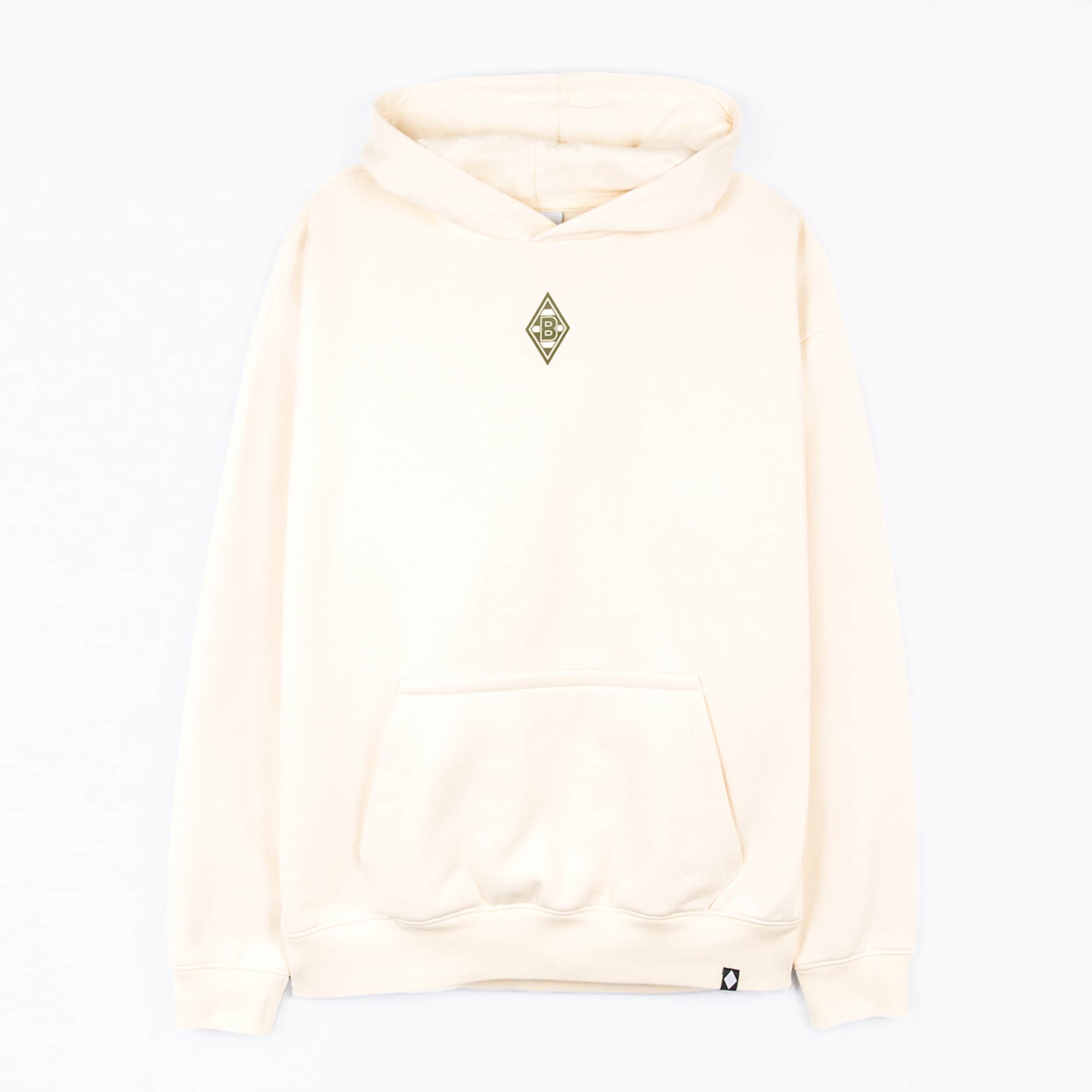 Beige Kapuzenpullover mit dem Logo von Borussia Mönchengladbach.