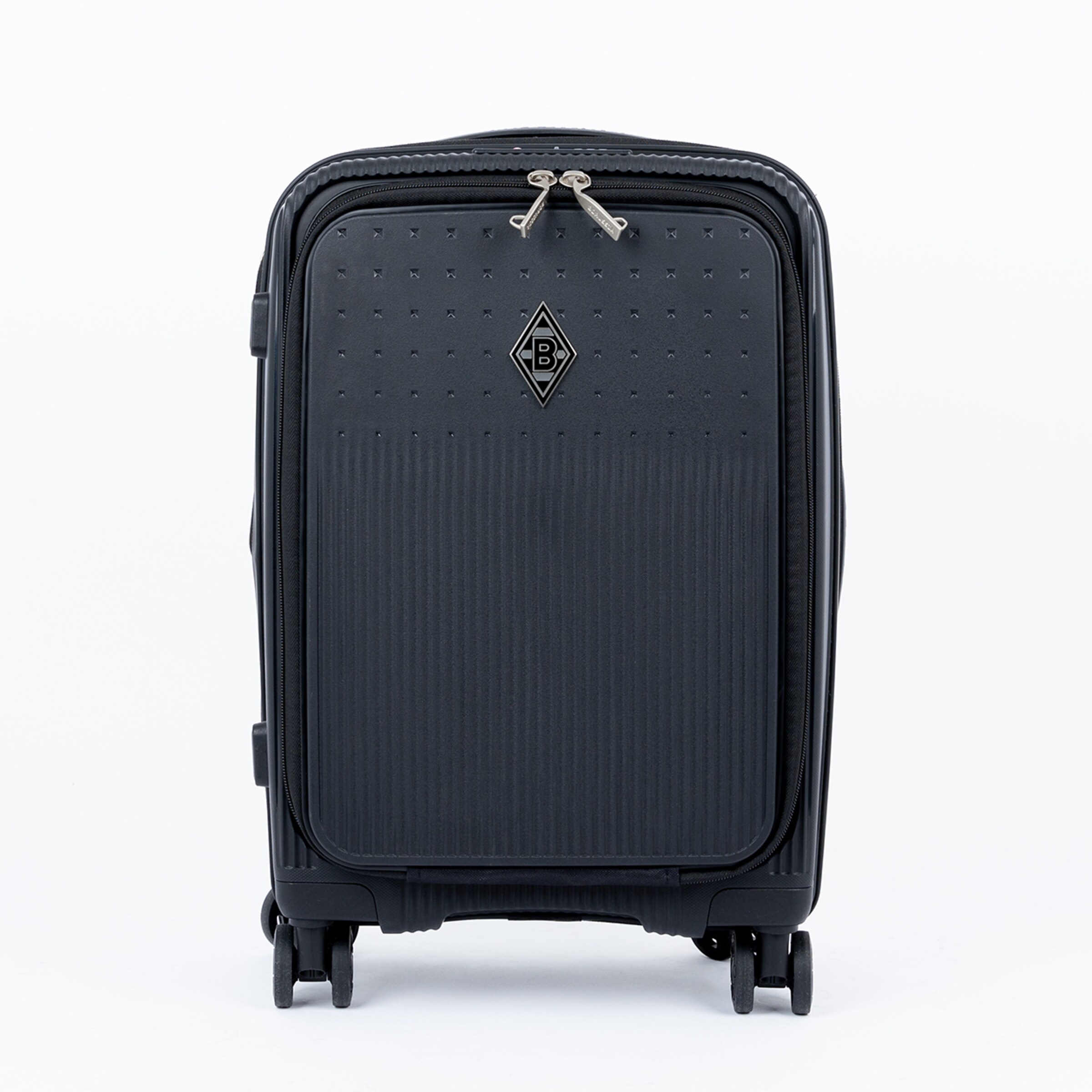 Black suitcase featuring Borussia Mönchengladbach logo sturdy surface four wheels.