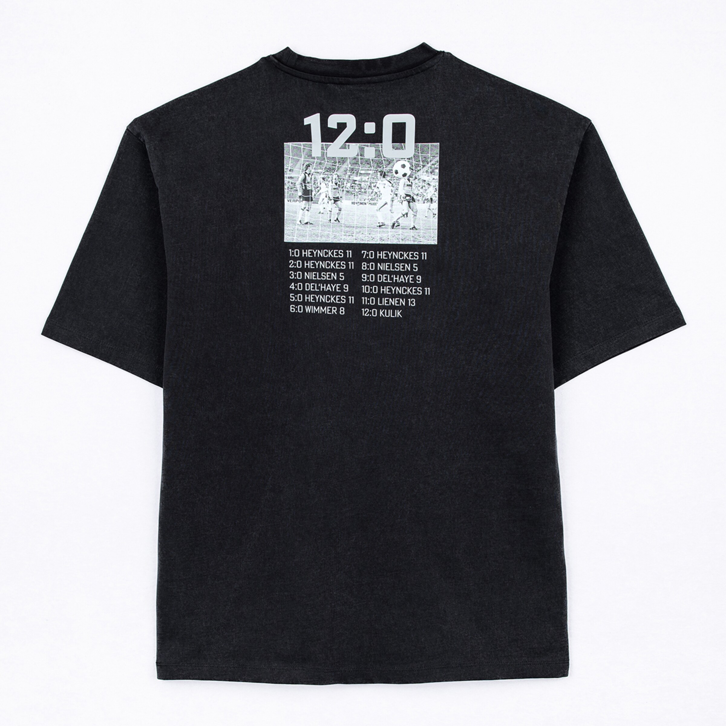 Back of a black t-shirt featuring a "12:0" soccer graphic, vintage match photo, and a list of goal scorers including Heynckes.