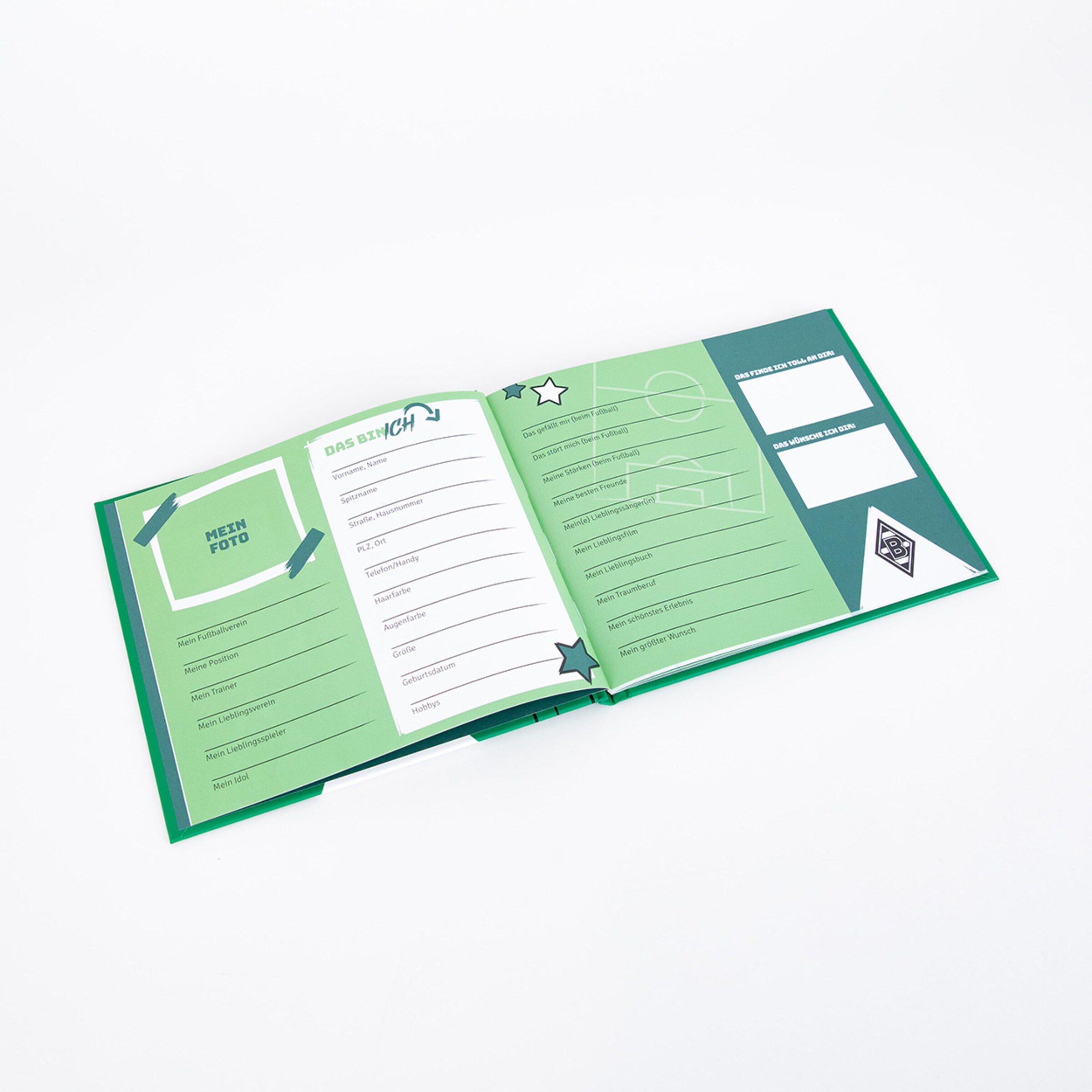 Open book with blank pages for filling out green background space for photos and personal notes.