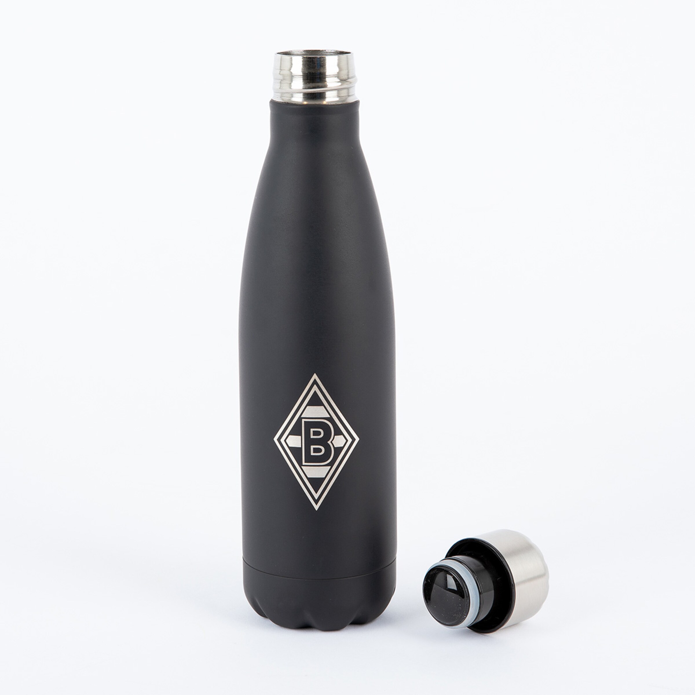 Black stainless steel water bottle with Borussia Mönchengladbach logo.