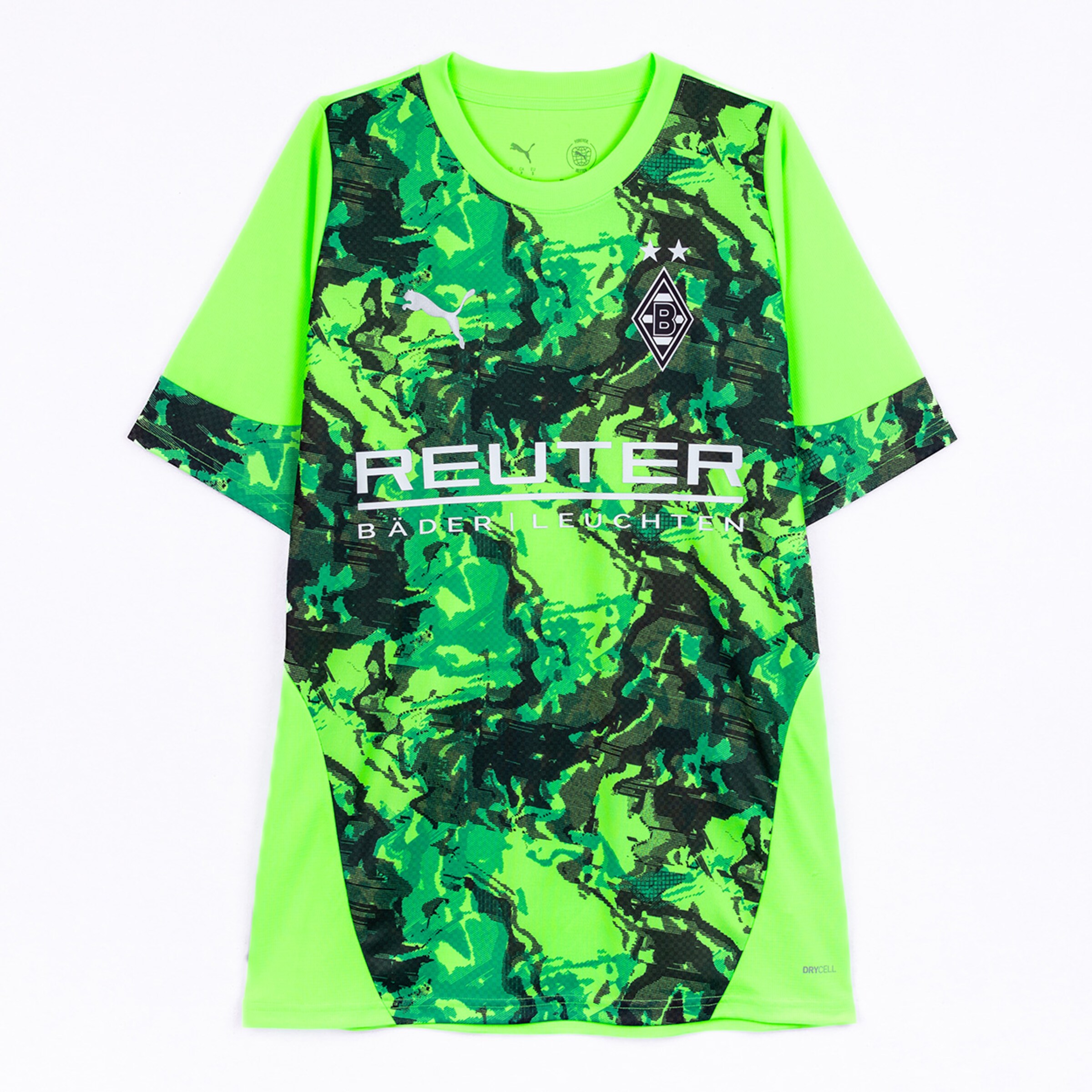 Grünes Camouflage-Trikot von Borussia Mönchengladbach mit Puma-Logo und REUTER-Schriftzug.