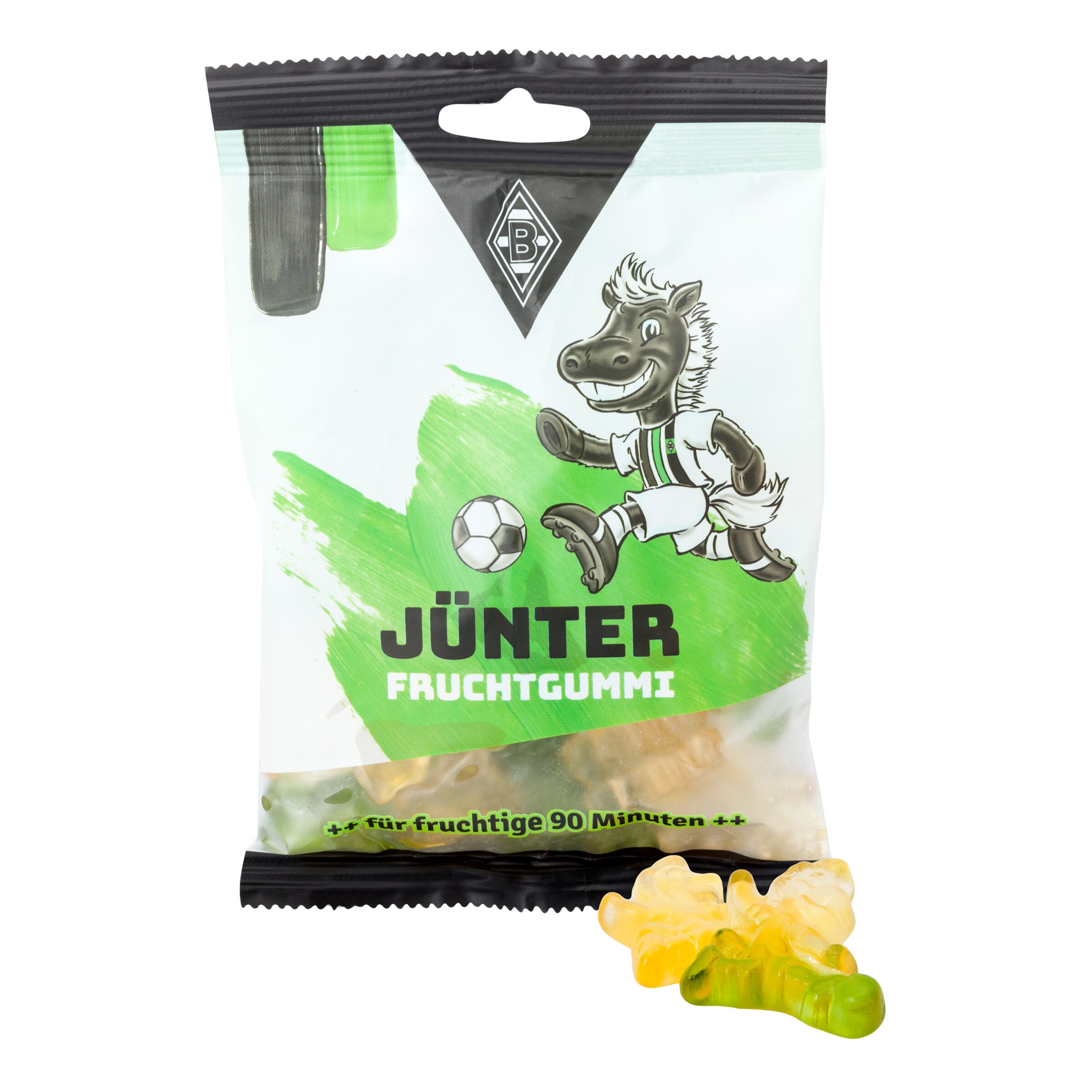 Tüte mit Fruchtgummi in Form des Maskottchens Jünter der Borussia Mönchengladbach.