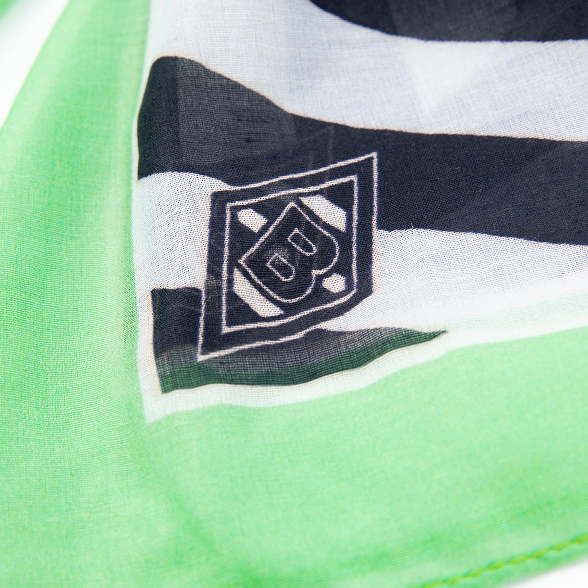 Nahaufnahme eines grün-weiß-dunkelblau gestreiften Tuchs mit einem quadratischen Logo, das ein stilisiertes 'B' zeigt.