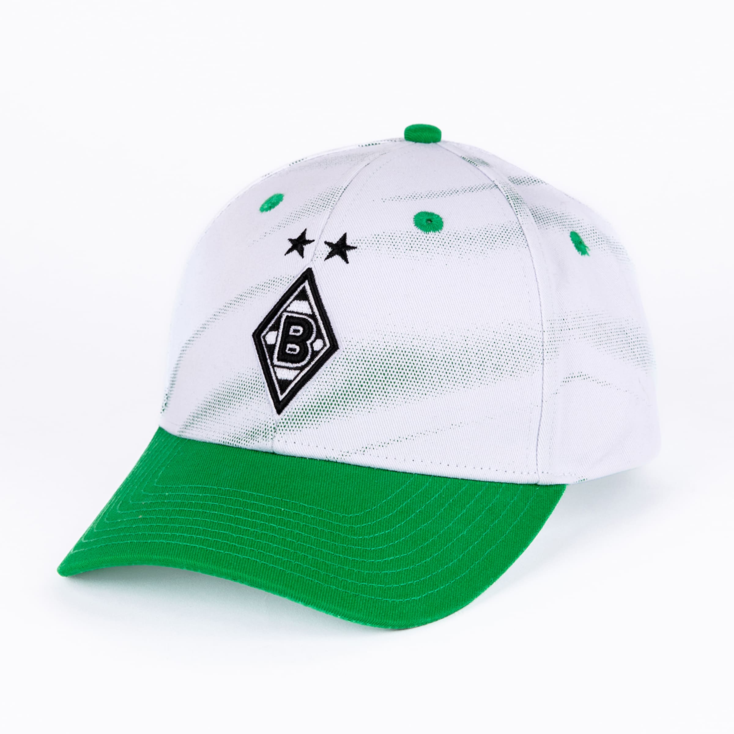 Weiße Borussia Mönchengladbach Kappe mit grünem Schirm, Rauten-Logo, zwei schwarzen Sternen und grünem Wellenmuster.