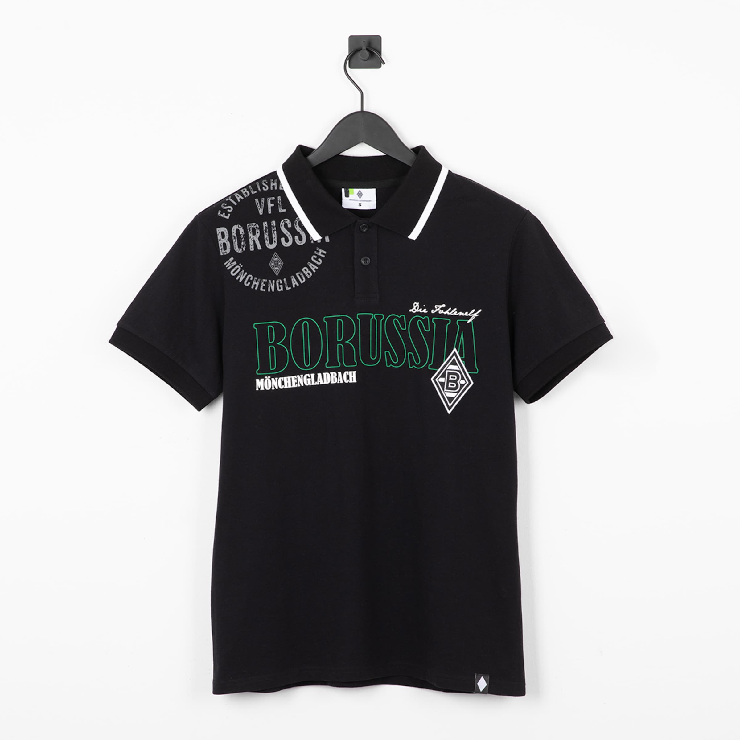 Black polo shirt with Borussia Mönchengladbach print and logo.