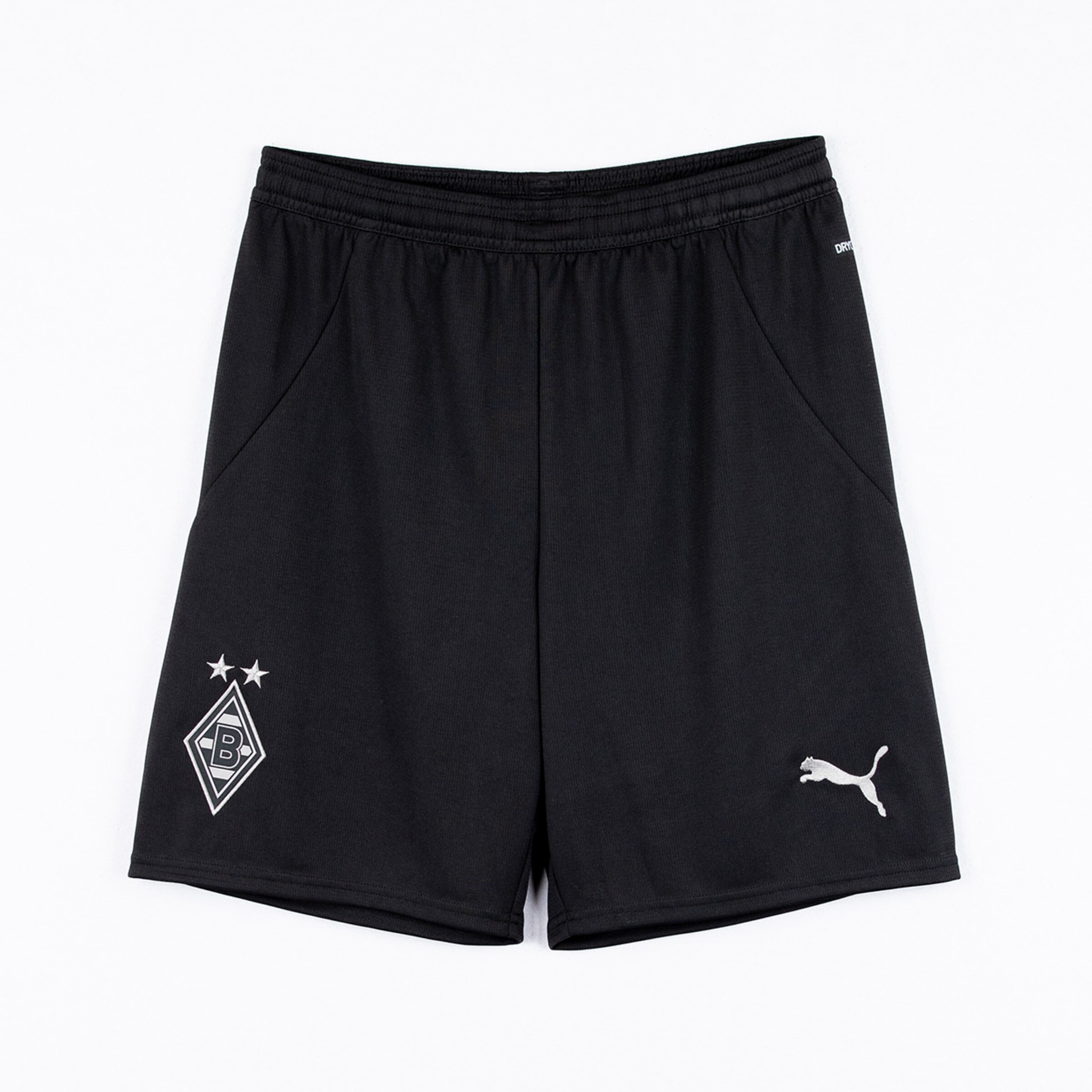 Schwarze Shorts mit Borussia Mönchengladbach-Logo und Puma-Logo.