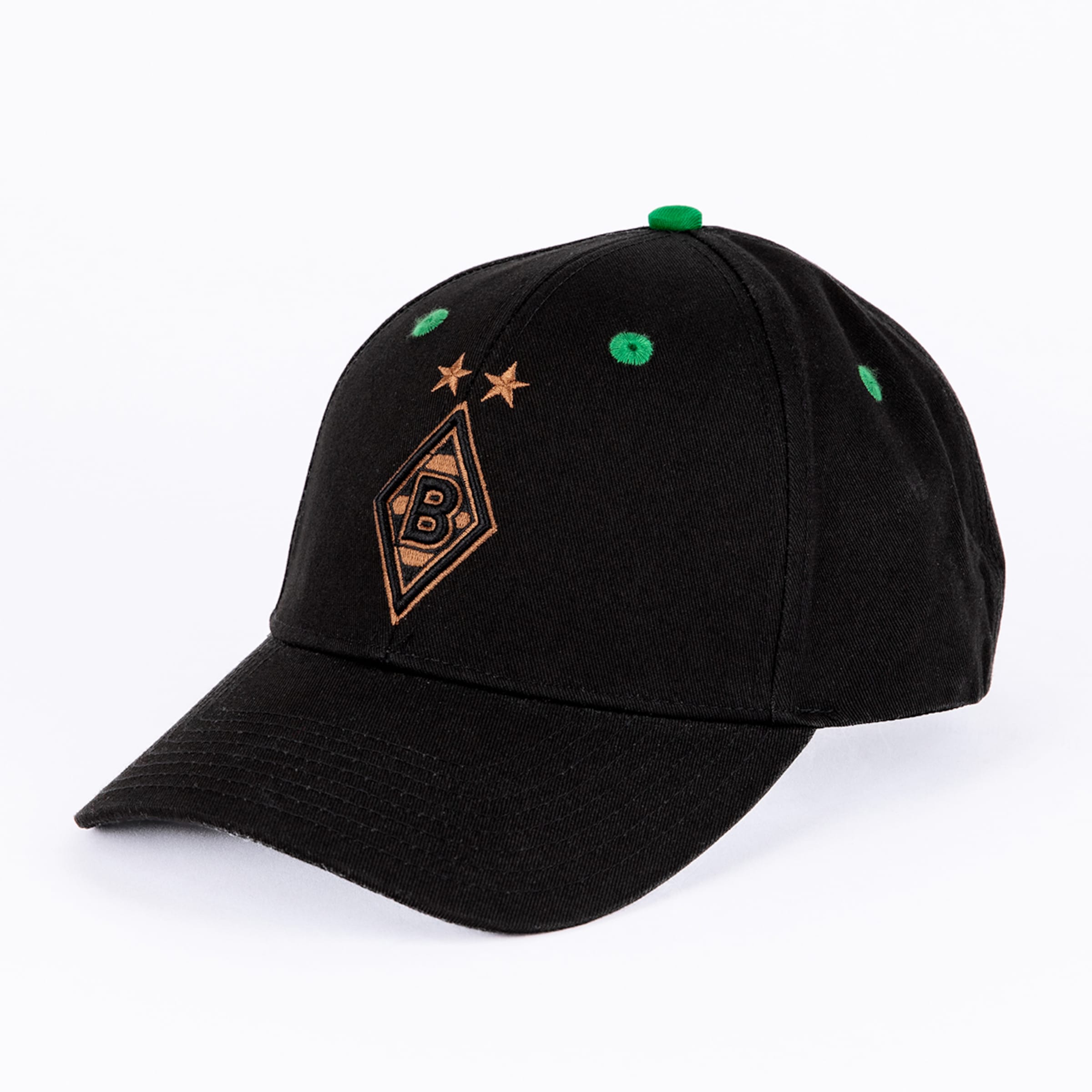 Schwarze Baseballcap mit goldenem Borussia Mönchengladbach Logo, zwei Sternen sowie grünen Belüftungslöchern und Knopf.