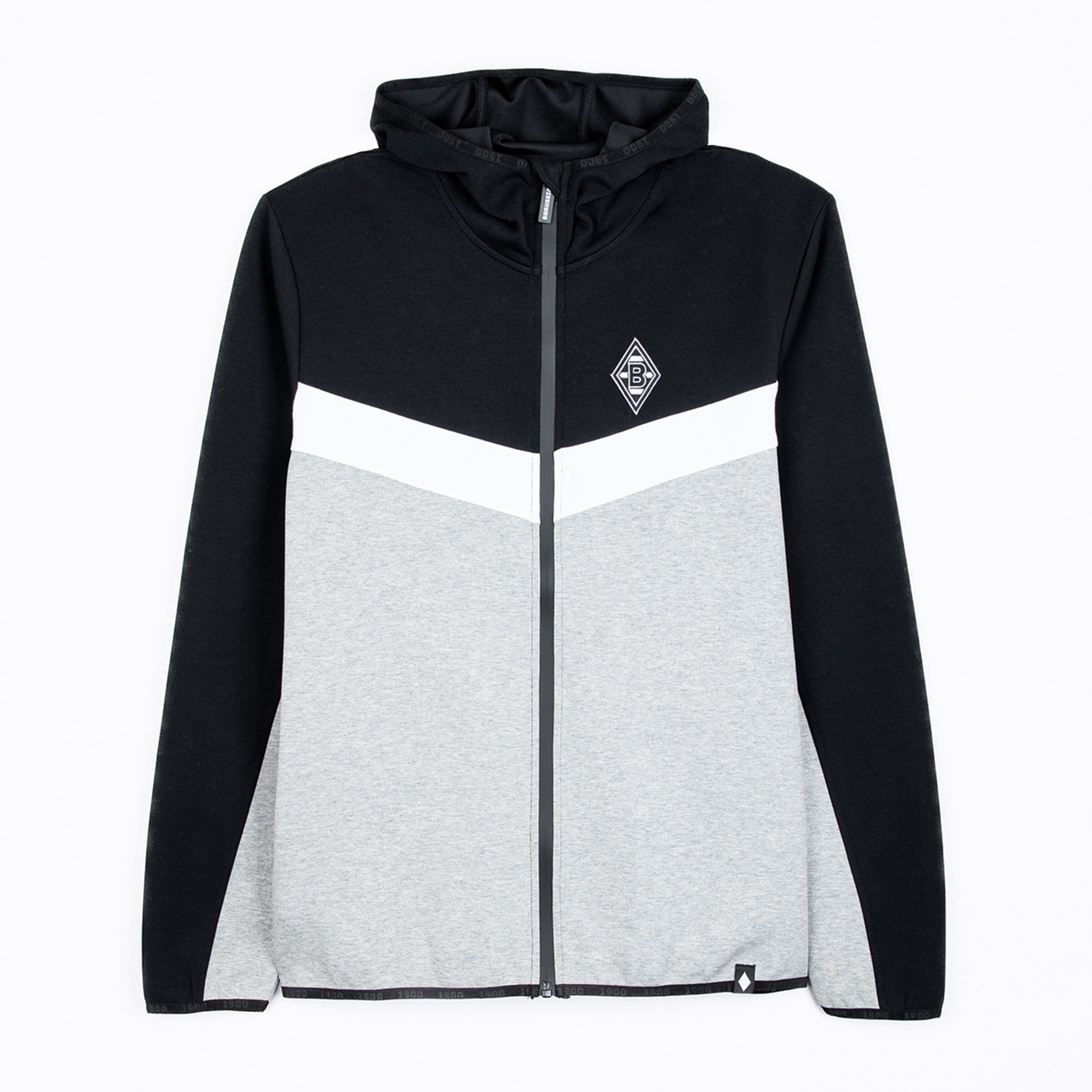 Hoodie in Schwarz und Grau mit Logo von Borussia Mönchengladbach.