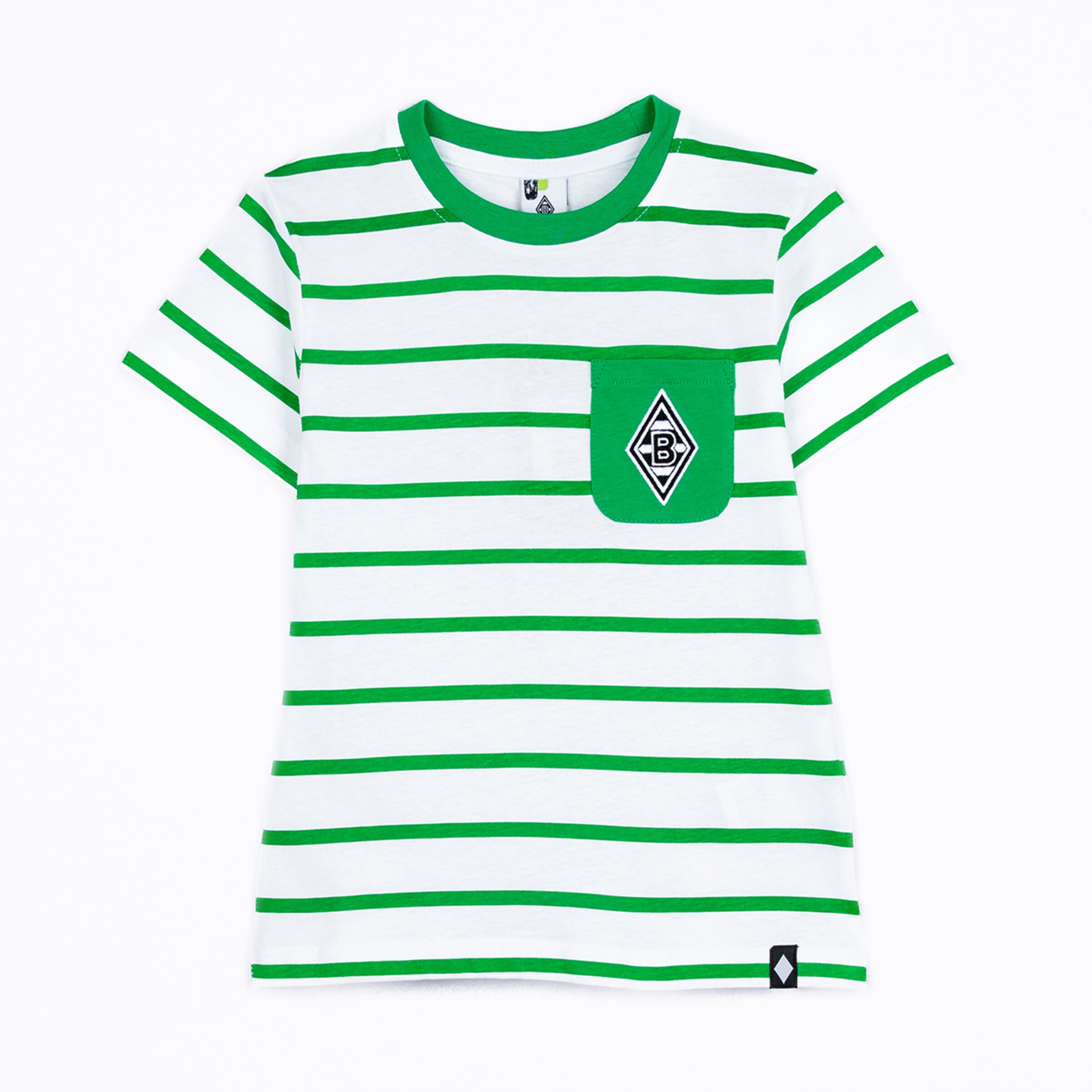 Green and white striped t-shirt with a pocket and Borussia Mönchengladbach logo.