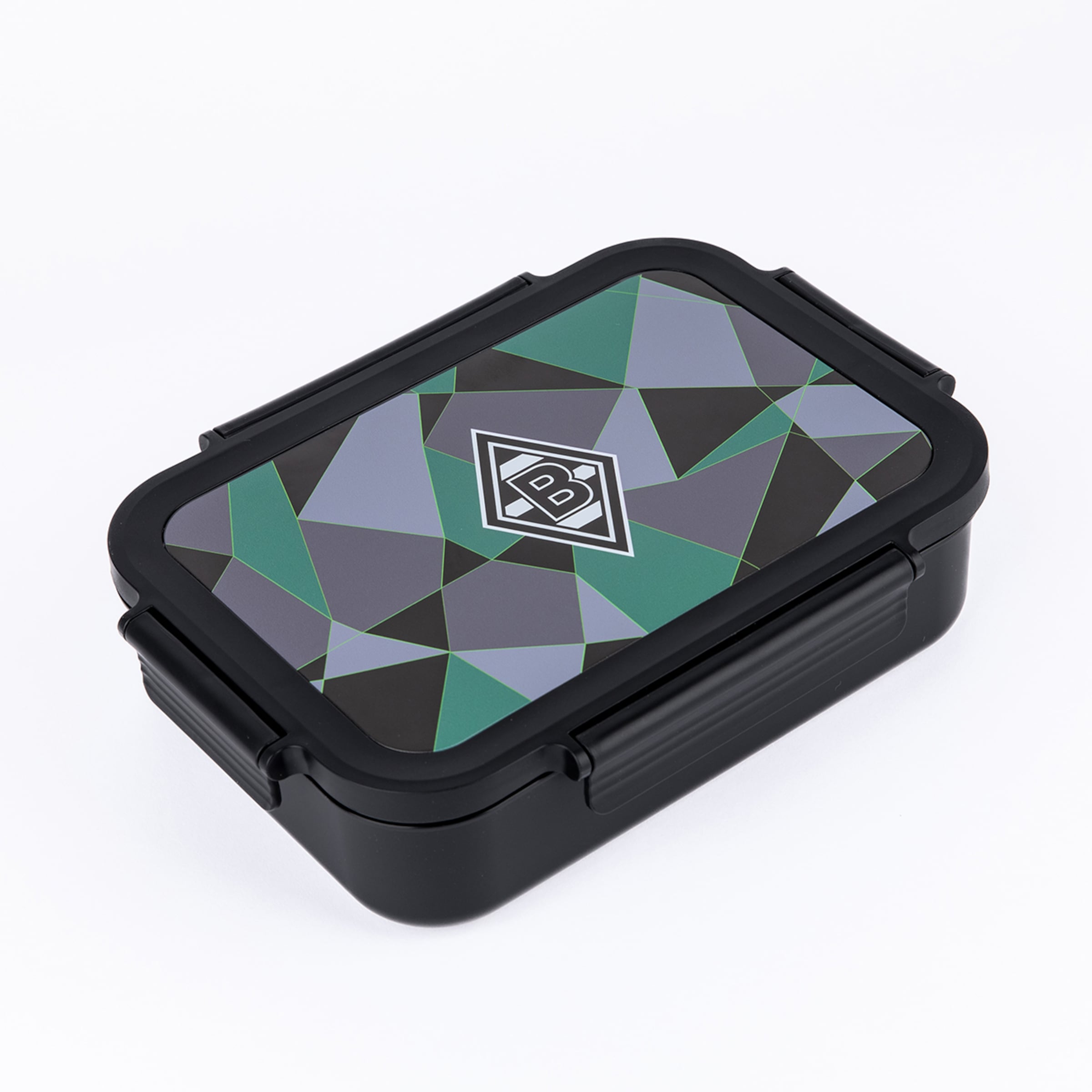 A black lunchbox with a lid featuring a geometric pattern in shades of green, grey, and black, along with the Borussia Mönchengladbach logo. The box is shown from a slightly elevated perspective on a white background.