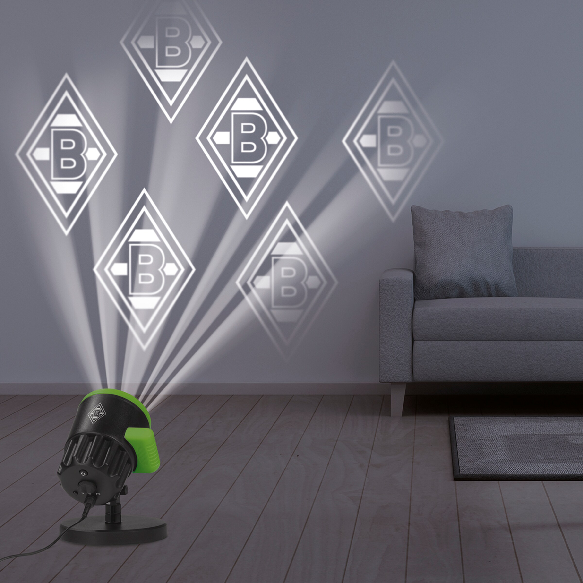 Projektion des Borussia Mönchengladbach Logos auf die Wand.