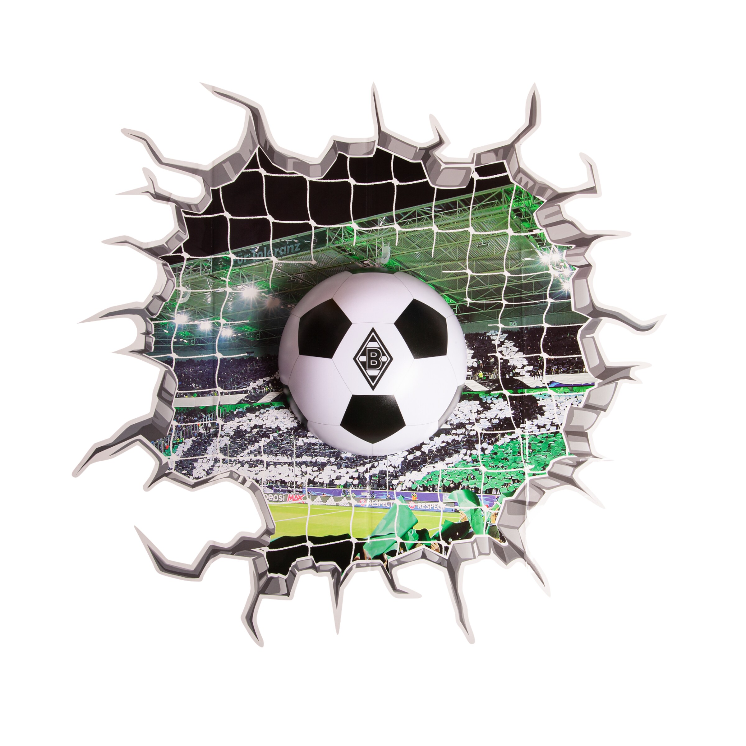 Ein Fußball mit dem Borussia Mönchengladbach-Logo durchbricht ein Fußballnetz.