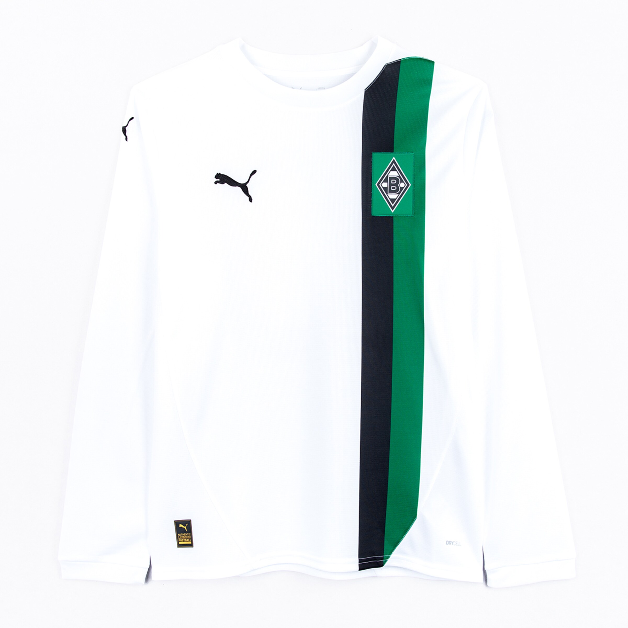 Langarm-Trikot von Borussia Mönchengladbach mit grünem und schwarzem Streifen Logo und Puma-Logo.